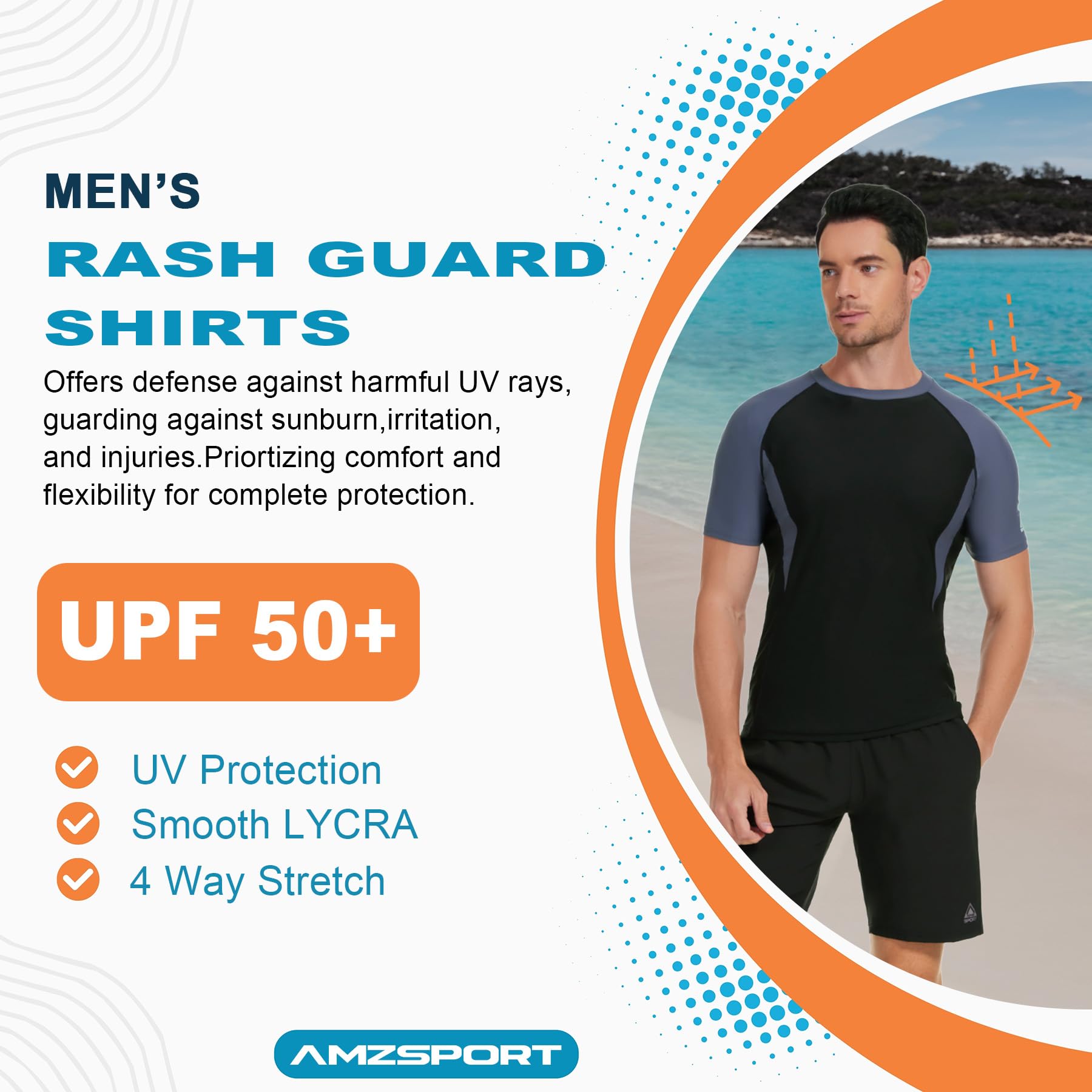 AMZSPORT Camiseta Rash Guard para Hombres, Protección UV UPF 50+, Camiseta de Manga Corta, Chaleco de Protección Solar de Secado Rápido para Natación, Surf, Pesca, Correr
