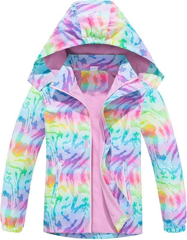 Boys Girls Rain Jacket Lightweight Waterproof Hooded Fleece Lined Raincoat Windbreakers for Kids