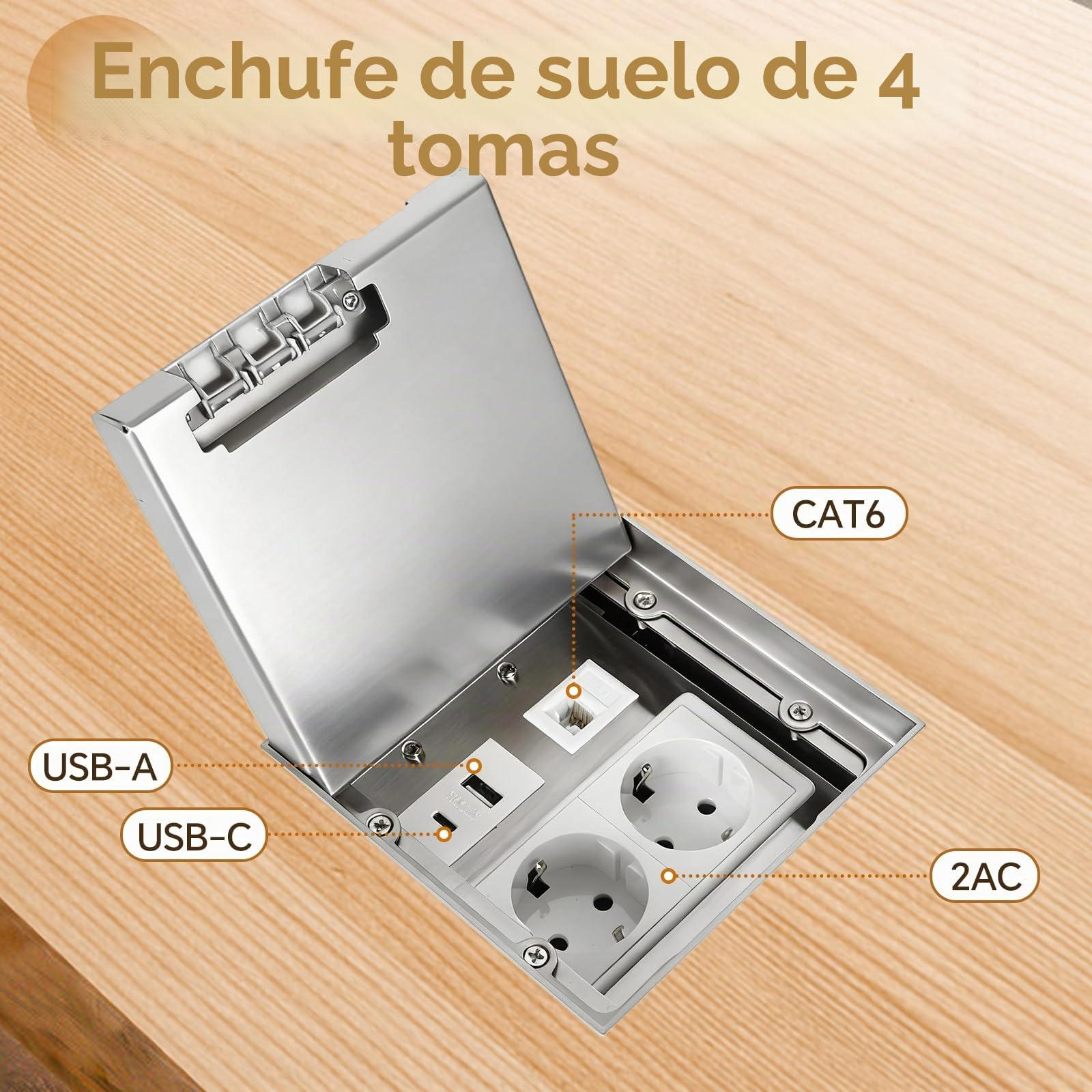 Toma de suelo empotrable, Toma empotrada de acero inoxidable negro impermeable para suelo con 2AC+USBA+C+1RJ45, Toma empotrada para suelo (Negro)