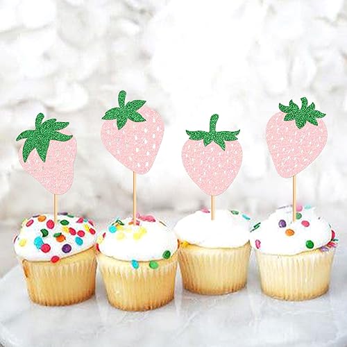 Miniatura 10 de Paquete de 24 adornos para cupcakes de fresa roja para fiesta temática de fresa, para cumpleaños, boda, fiesta, baby shower, verano, jardín, fiesta,