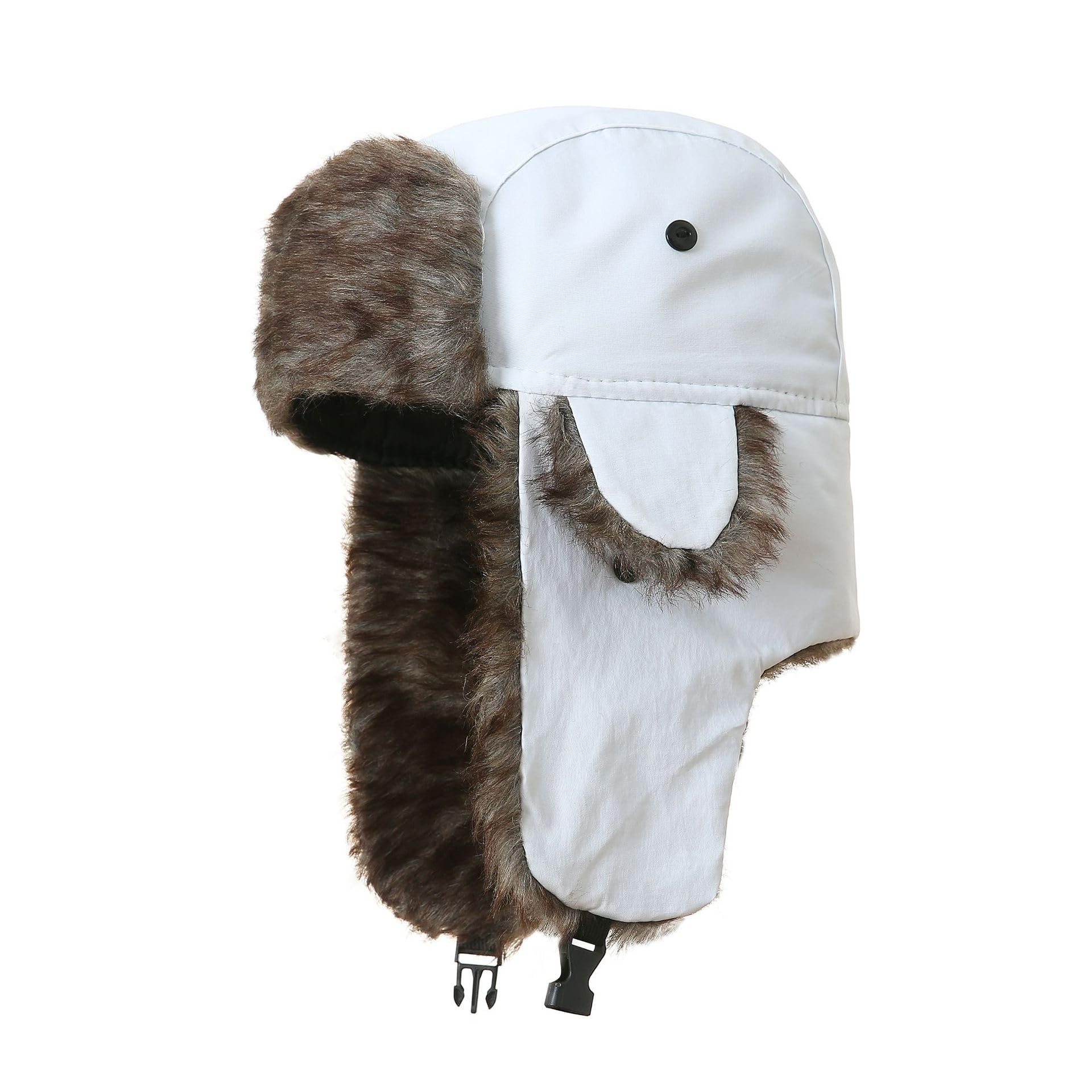 czapka zimowa, Zimowa wiatroszczelna czapka traperka ciepła z paskiem pod brodą i nausznikami ze sztucznego futra narciarska damska męska(White)