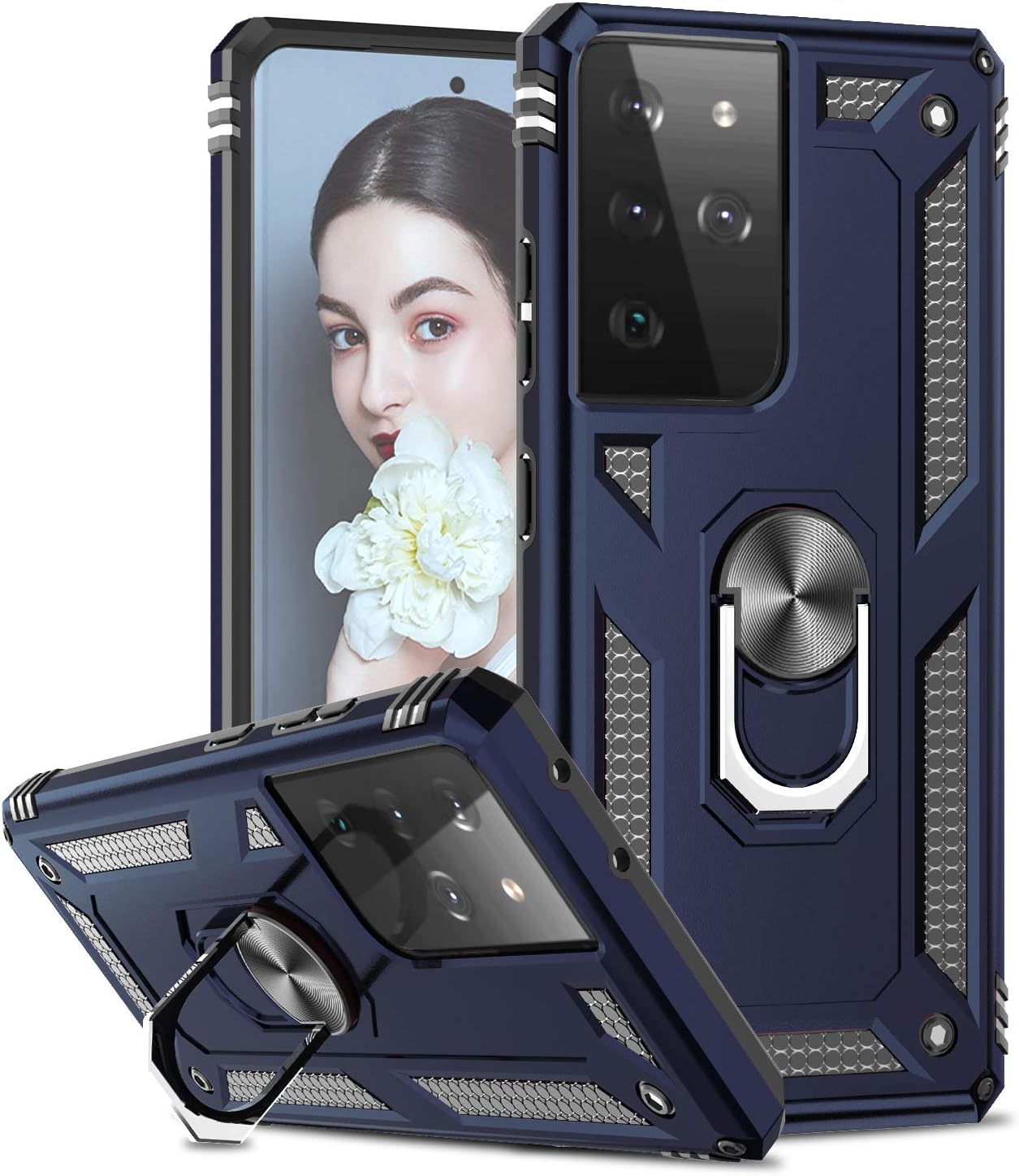 LeYi Compatible with Samsung Galaxy S21 Ultra 5G Case, [Military-Grade] Defender Armor Protective Phone Case Cover with Ring Holder Kickstand for Samsung S21 Ultra (6.8-Inch) (2021), Blue