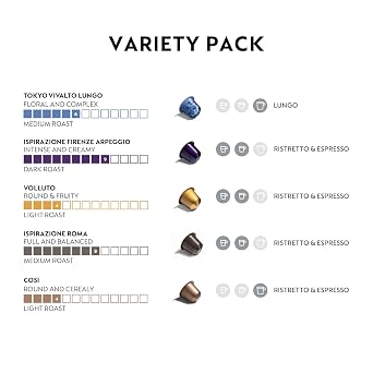 Nespresso Original, Variety Pack, Mild, Medium, 50-Count Espresso Pods | Capsules Dark Roast Coffee Pack of 1 Brews 1.35 oz