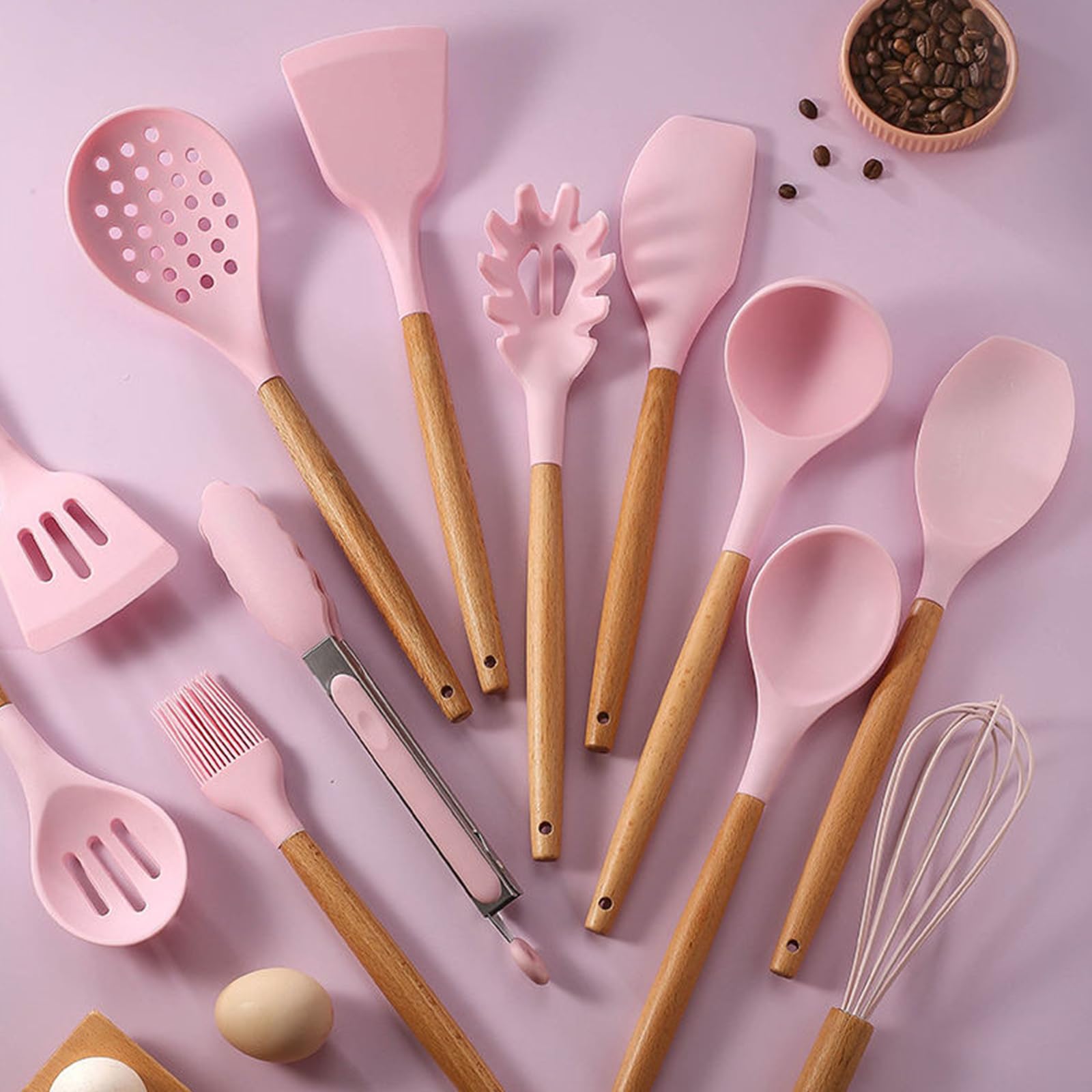 Lot de 11 ustensiles de cuisine en silicone avec poignées en bois, résistants à la chaleur, non toxiques, avec spatule, pince, spatule et cuillère pour ustensiles de cuisine antiadhésifs – Rose