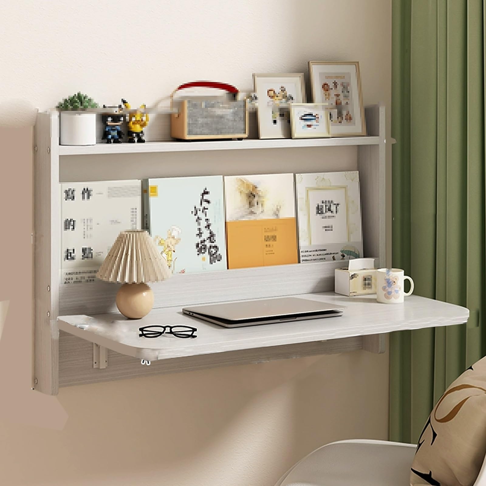 Escritorio flotante montado en la pared, escritorio plegable de madera maciza con almacenamiento, fácil de limpiar, soporte de carga súper fuerte para espacios pequeños, ideal para dormitorio o