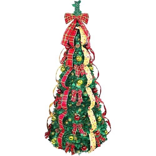 7.5 Ft Pre-Lit Pop-Up Christmas Tree with Ornaments, Pinecones & Warm Lights – Fully Decorated (2.8ft Diameter)
