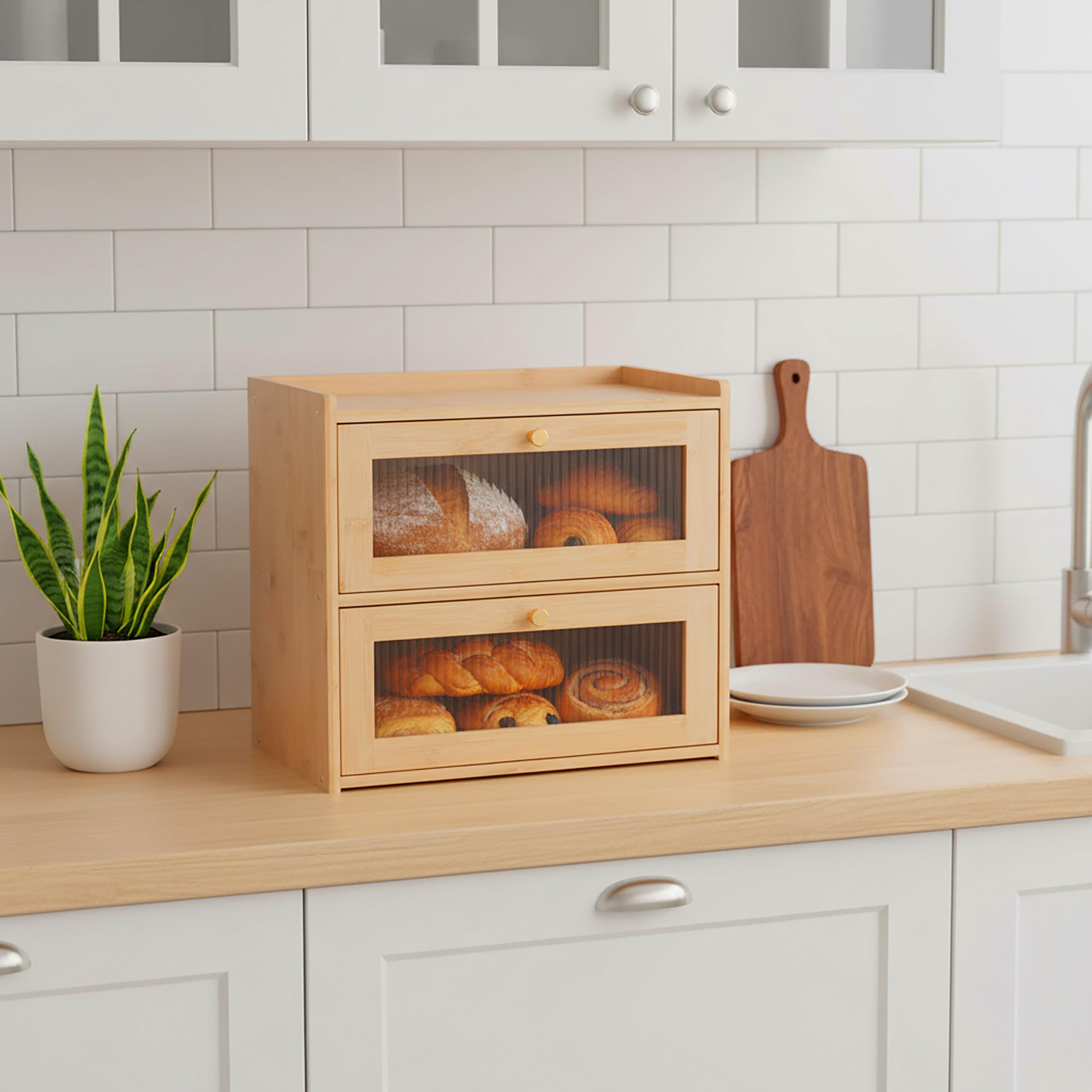 Relaxdays Panera de bambú, 2 estantes, con Ventana, Puertas abatibles, Altura 34 x 36,5 x 24 cm, Color Natural