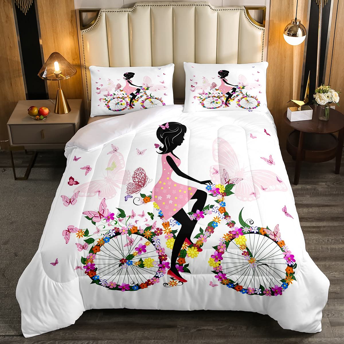 Juego de ropa de cama con diseño de mariposas, diseño de mariposas rosadas, colorido y floral para niña en bicicleta, juego de edredón romántico, 3 piezas, tamaño doble