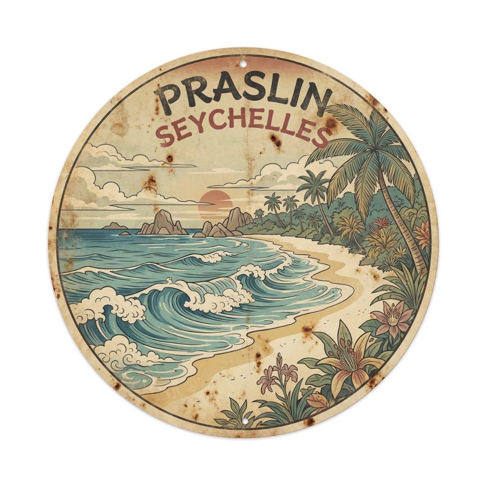 Praslin Island Ocean Retreat Ink Illustration Metal Tin Sign