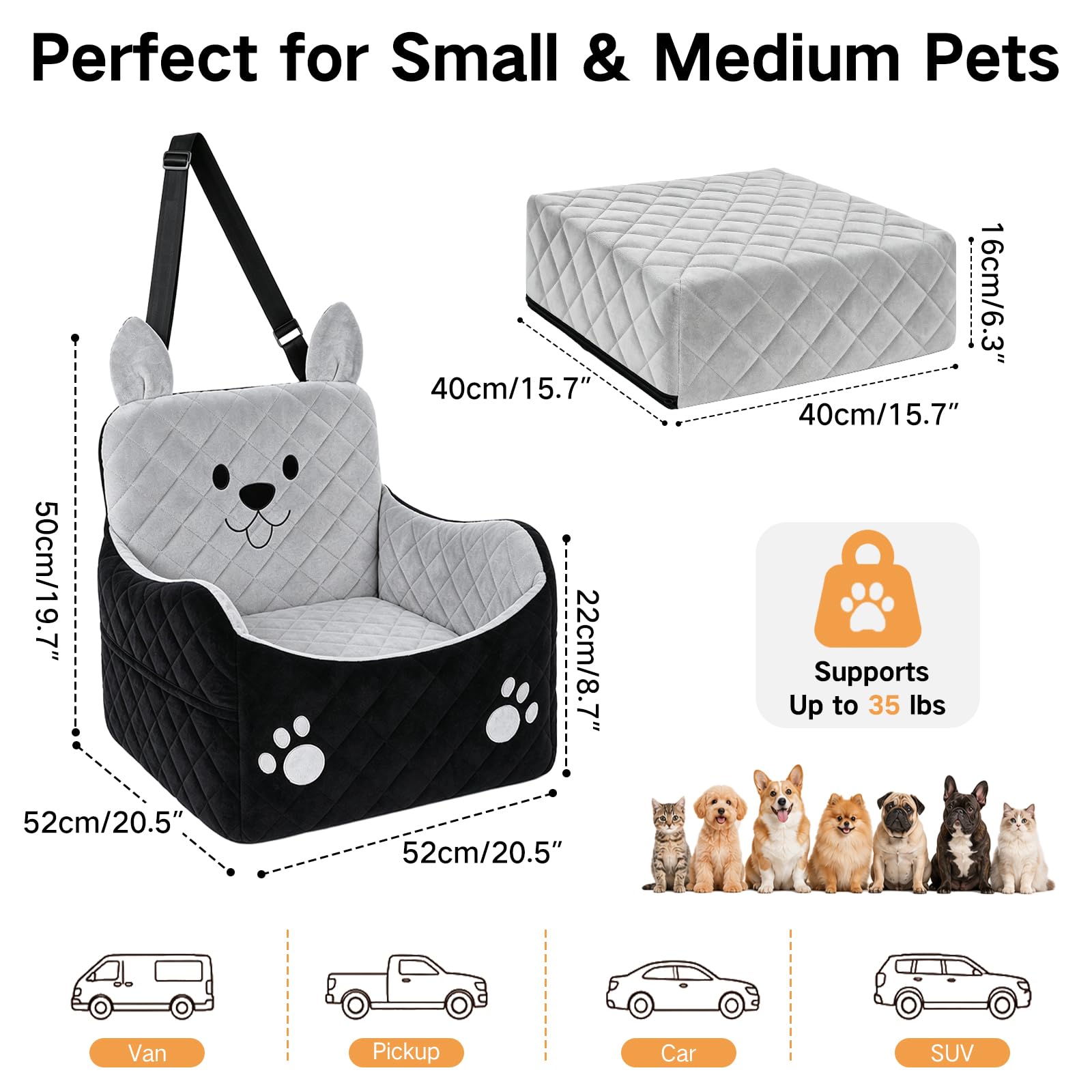 Seggiolino Auto per Cani Piccoli e Medi fino a 16 kg | Rialzato di 15 cm, con cuscino ad alta densità, fodera lavabile, cintura di sicurezza e uso come cuccia da viaggio