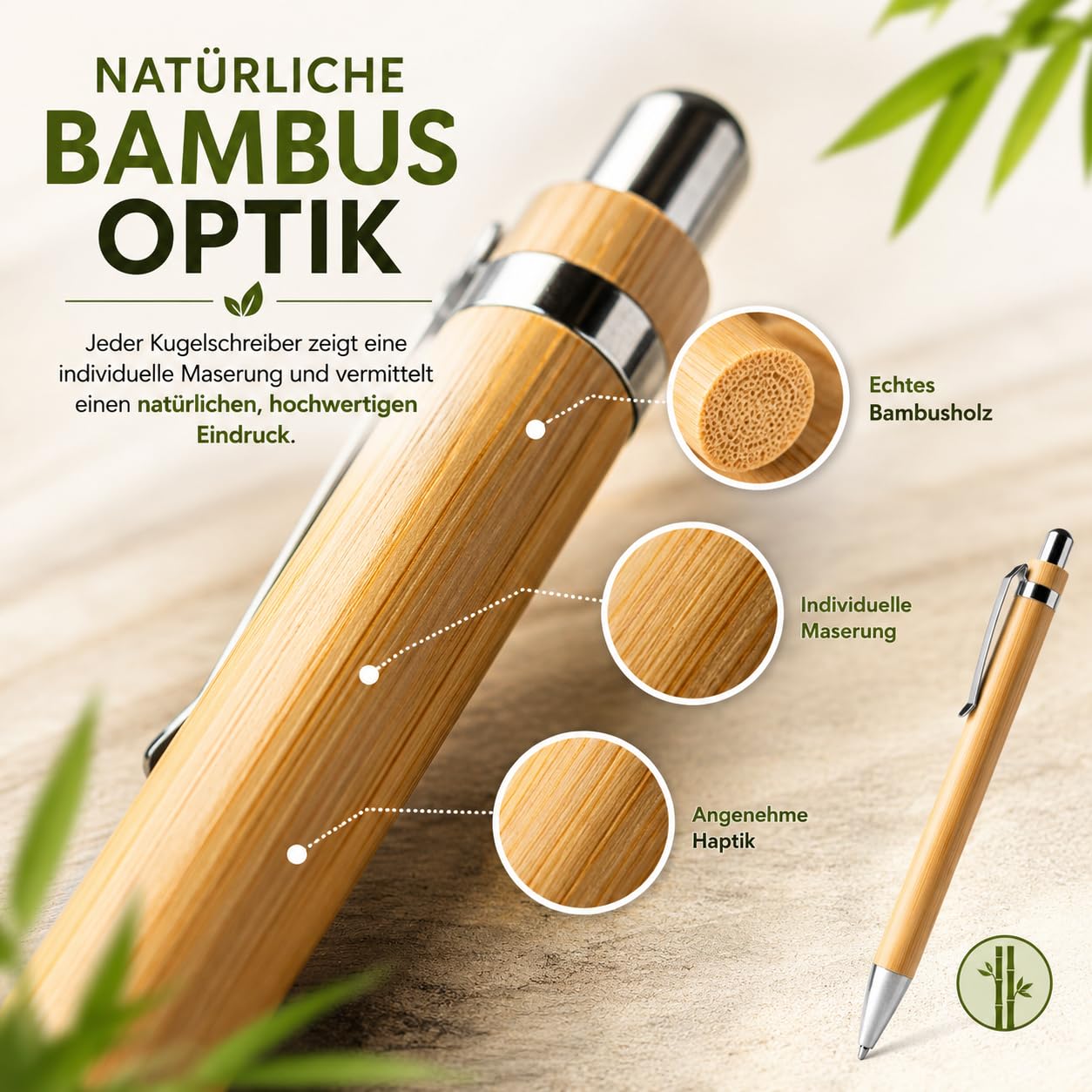 WPRO Bambus Kugelschreiber 250 Stück Set mit Druckmechanismus und blauer Mine, Bambusholz Schreibstift mit Metallclip, nachfüllbar für Büro Empfang Messe Line