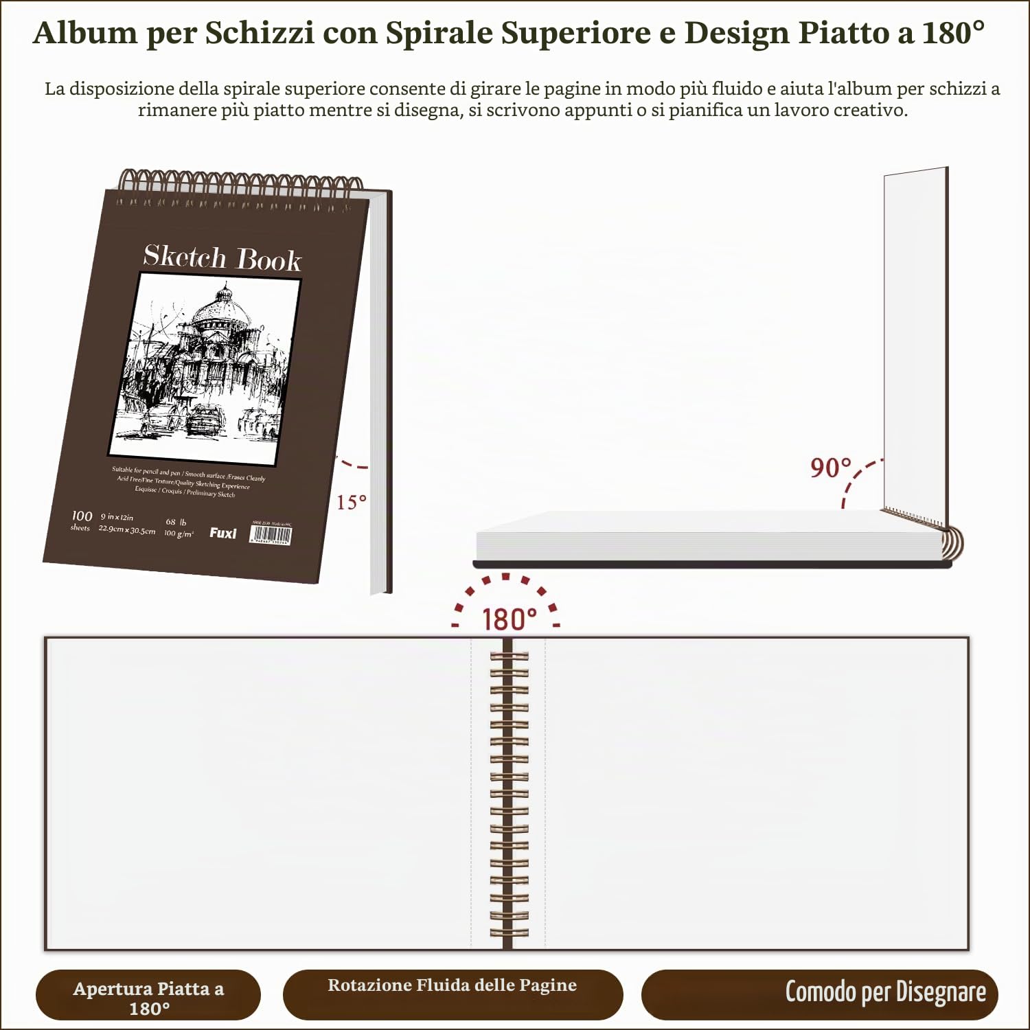 Blocco per schizzi da 22,9 x 30,5 cm, rilegatura a spirale, 1 confezione da 100 fogli (30,8 kg/100 g/m²), senza acidi, per bambini, adulti, principianti e artisti