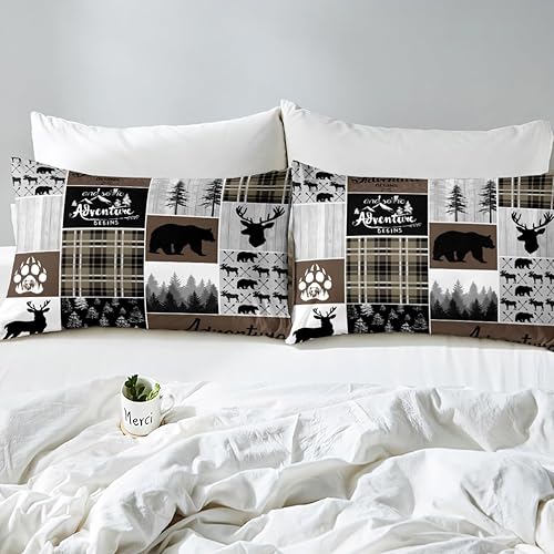 Miniatura 7 de Funda de edredón de oso de caza, ciervo, juego de ropa de cama de retazos de cabaña rústica, tamaño Queen, funda de edredón a cuadros de búfalo,
