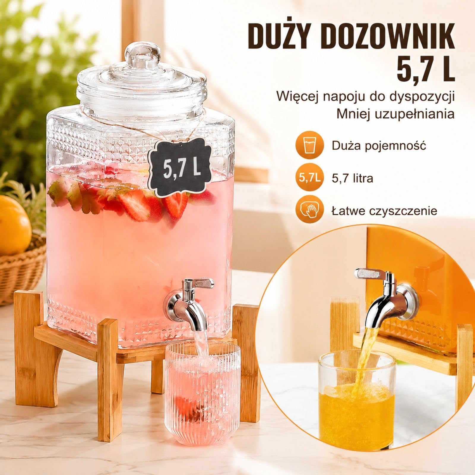 Szklany dozownik napojów, pojemnik na sok 1,5 galona ze stojakiem i kranikiem ze stali nierdzewnej na przyjęcia restauracje hotele