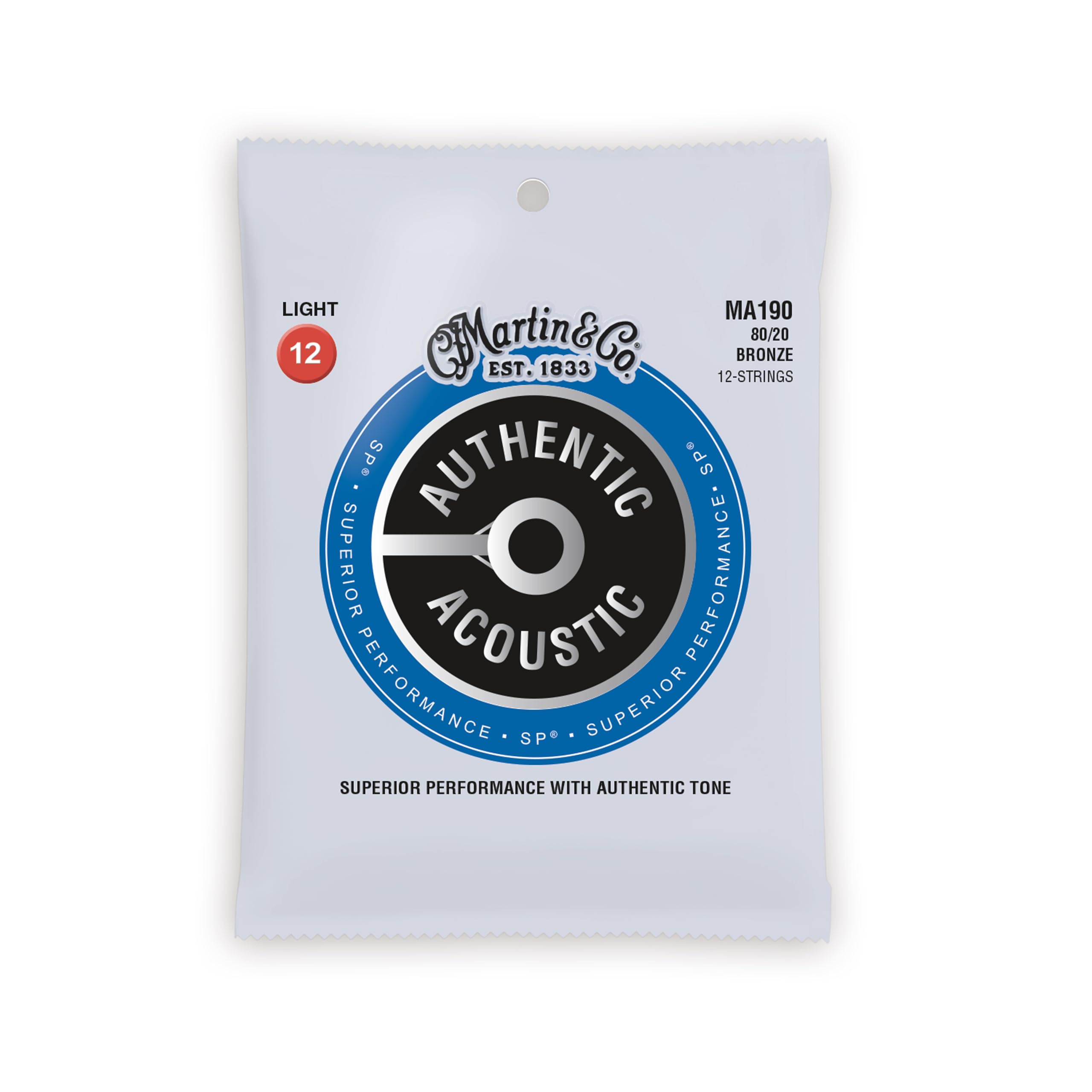 Authentic Acoustic Guitar Strings, Superior Performance Light 12-54,12-30, 80/20 Bronze, 12 strings