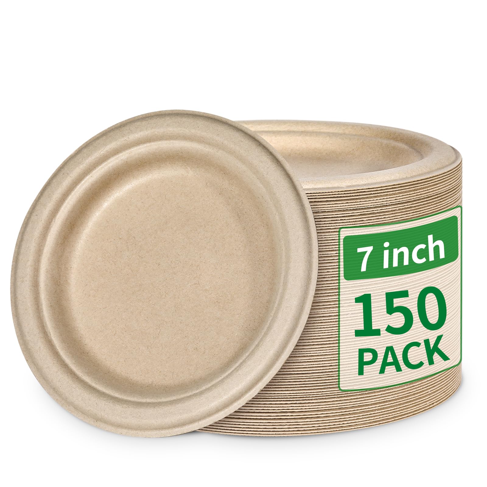 Aricsen Compostable 150 Pack 7 Inch Disposable Round Paper Plates, Small Light Brown Heavy Duty Natural Biodegradable Sugarcane Bagasse Unbleached Eco-Friendly for Craft Party Dinner Wedding Birthday
