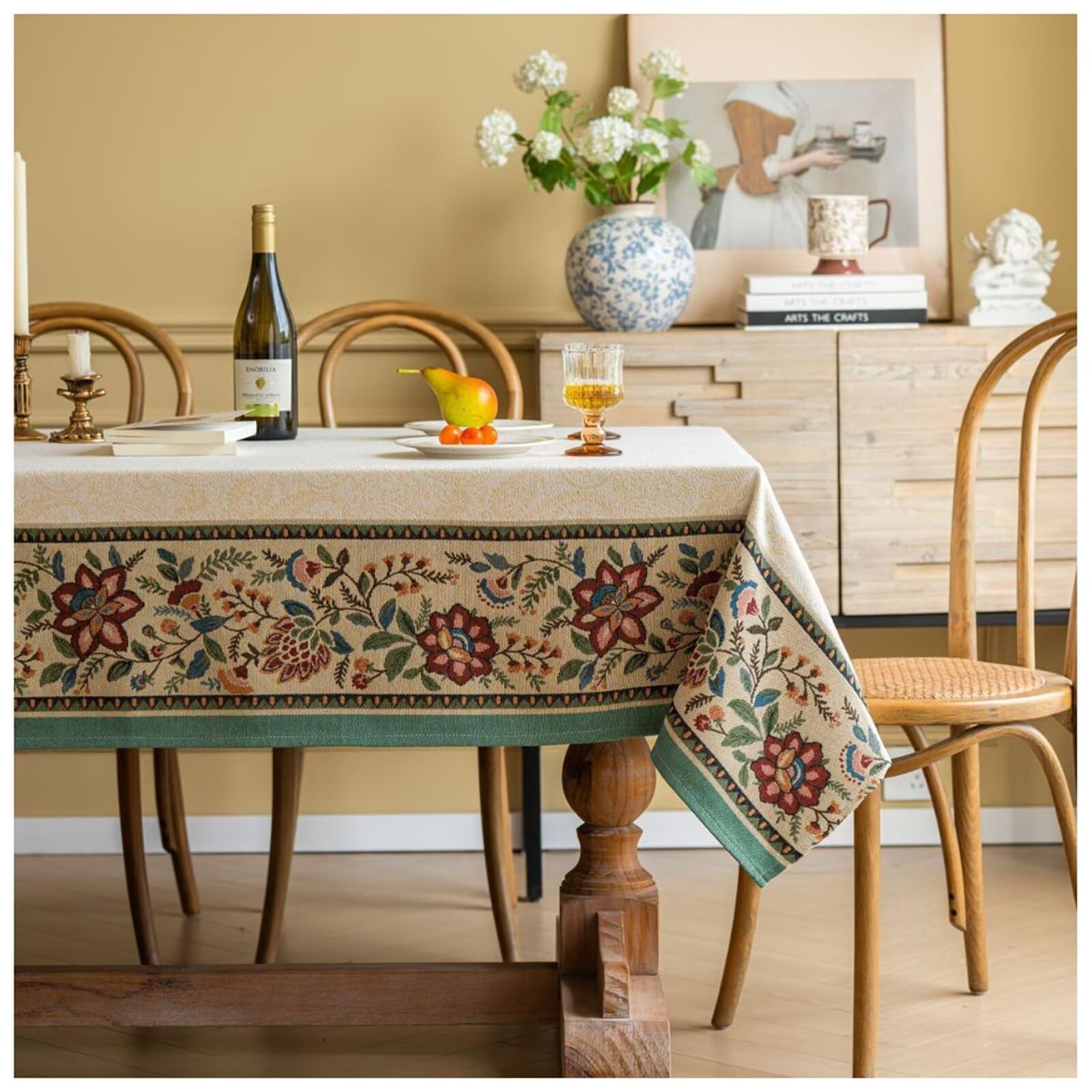 Tovaglia Natalizia Rettangolare 140x140cm, Floreale, Resistente alle Macchie, tovaglie con Decorazioni Vintage Autunnali per cene, Ringraziamento, Cucina, Feste