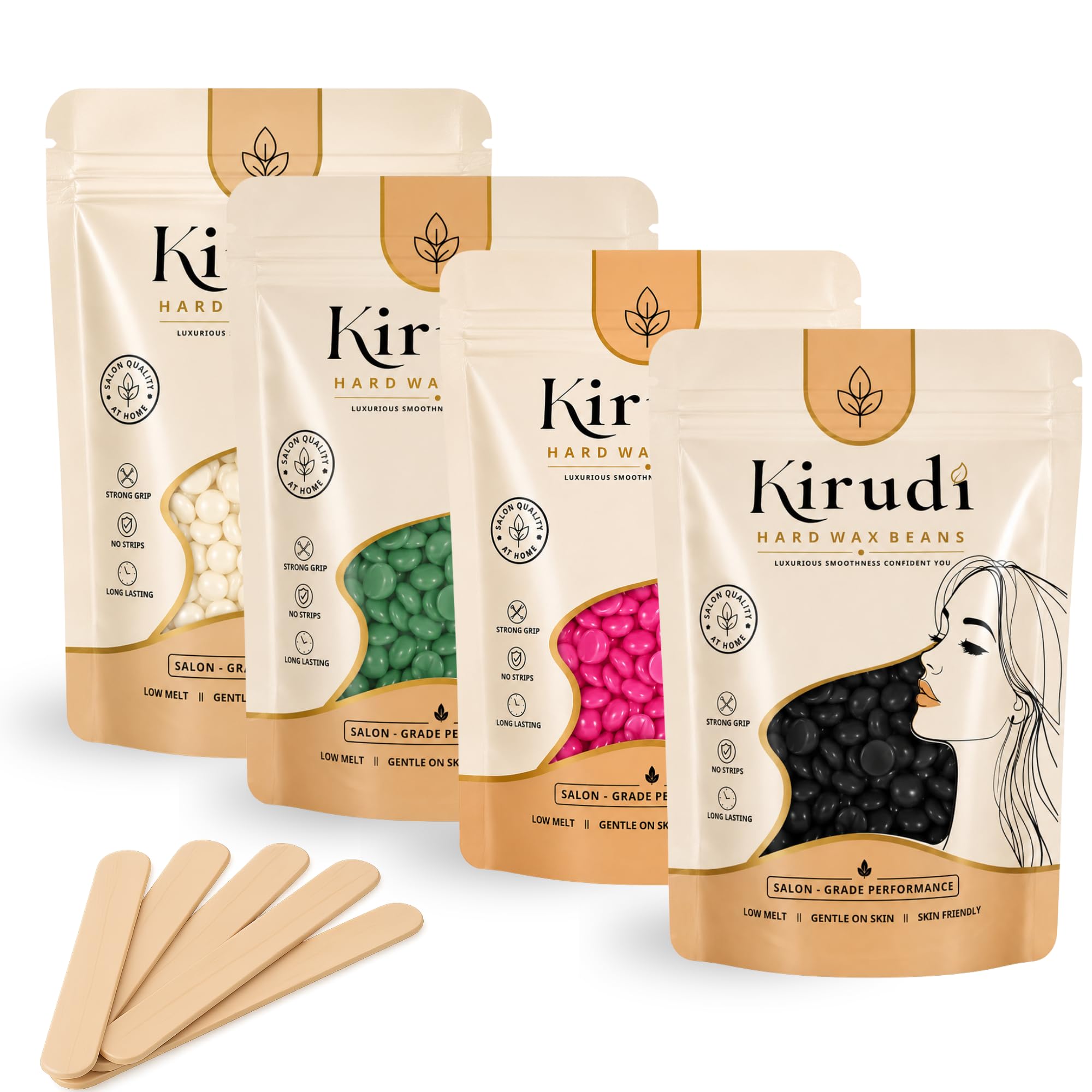 Kirudi Unisex Adult Hair Removal Brazilian Hard Wax Beans For Face, Eyebrow, Back, Chest, Bikini Areas, Legs, Arms and Beards (50GM, Rose Pink+ White Chocolate + Aloe Vera + Charcoal)