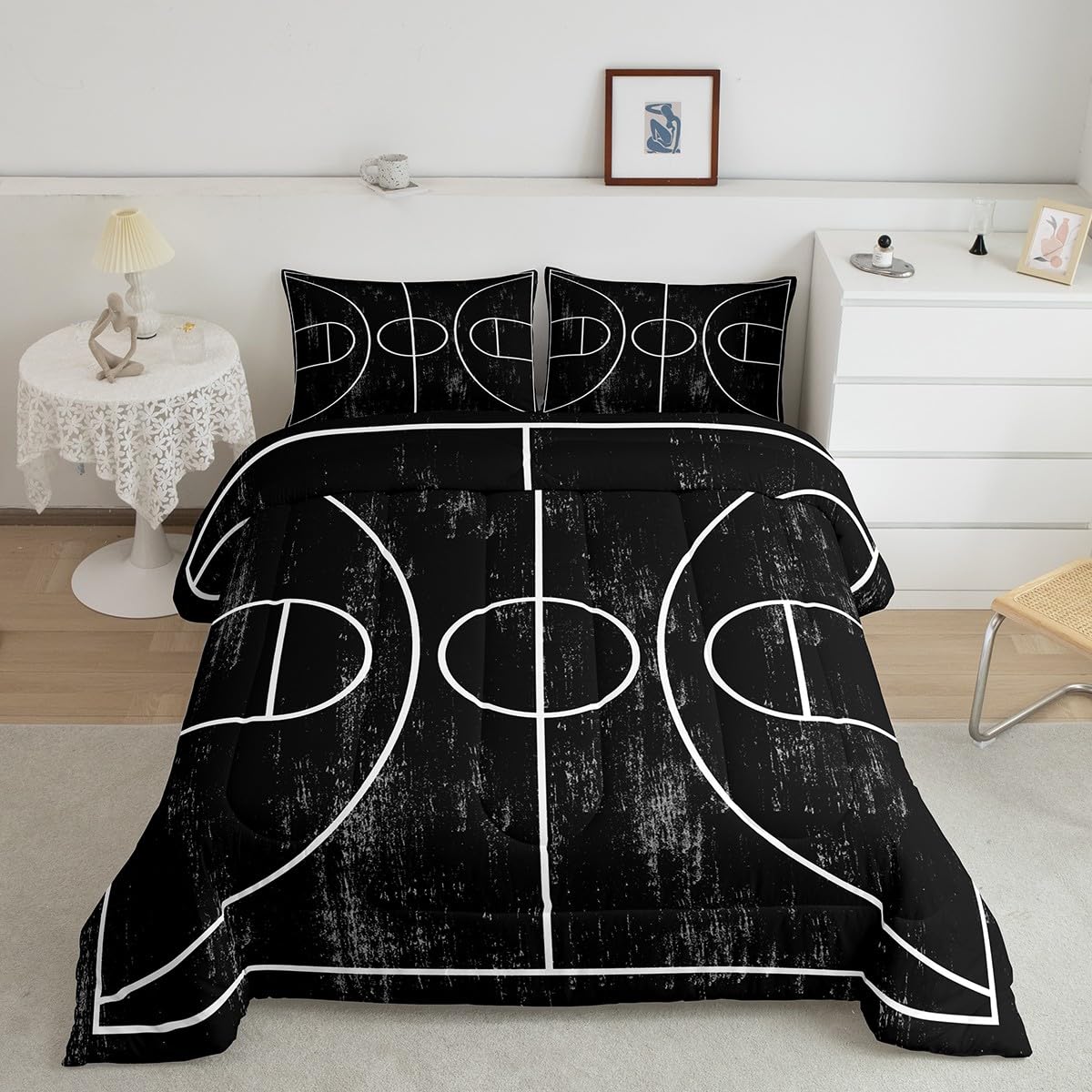 Feelyou Basketball Bedding Set Toddler Sports Comforter Sets Boys Kids Black White Ball Comforter Sets Basketball Court Print Bedding Bedroom Decor,