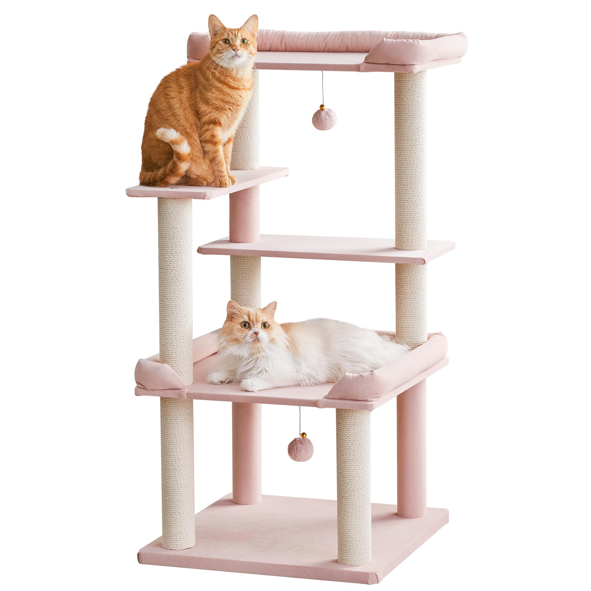 Quuzee Cat Tree 114cm Tall, Cat Tower with Large Platform, Multi-Level Cat Climbing Tree for Indoor Cats, Easy to Climb Cat Condo Furniture with Soft Cotton-Linen Rope Scratching Post, Pink
