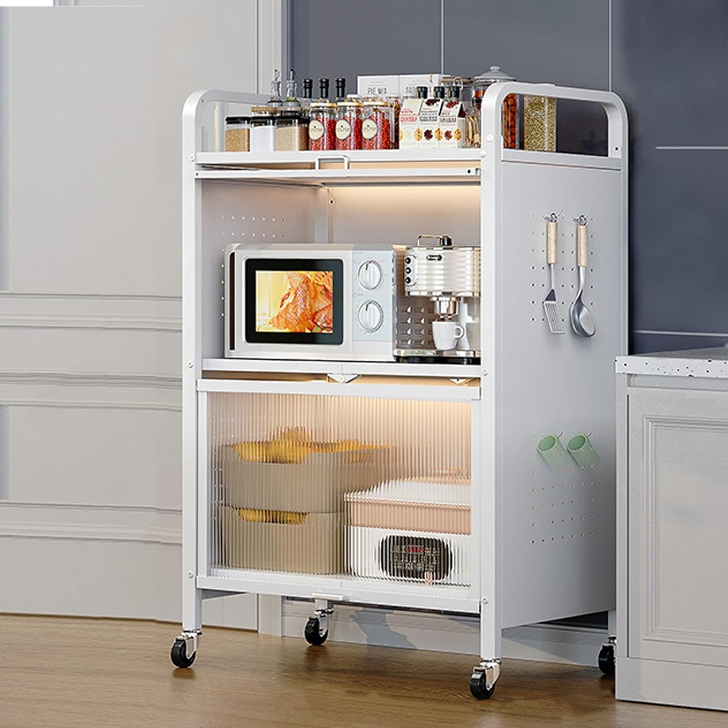 White 3-Tier Bakers Rack Kitchen Storage Cabinet, Microwave Oven Stand for Home & Dining Room, Pantry Organizer, Space-Saving Shelving Unit