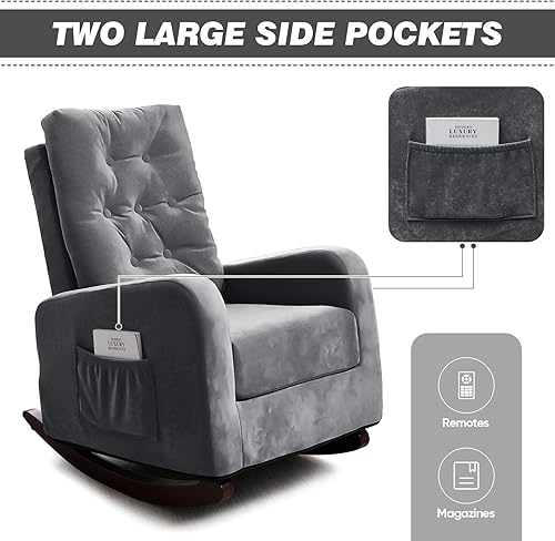 Miniatura 7 de Mecedora de terciopelo, silla tapizada deslizante, silla decorativa moderna con respaldo alto para guardería, cómoda silla auxiliar para sala de