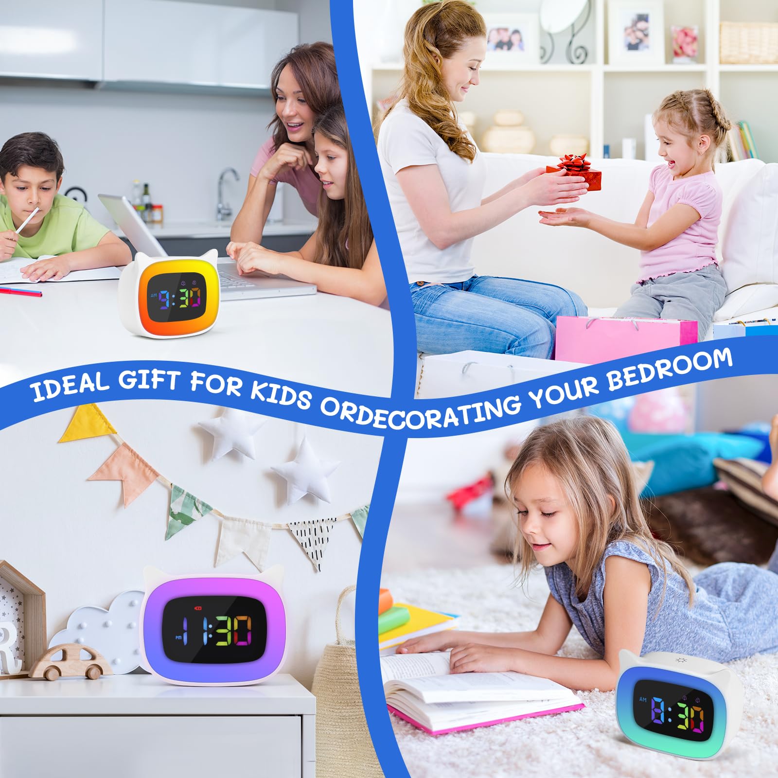 Despertador infantil Día Noche, Despertador de aprendizaje al sueño para niños, despertador recargable de entrenamiento para niños y niñas, despertador infantil luminoso LED, despertador infantil con