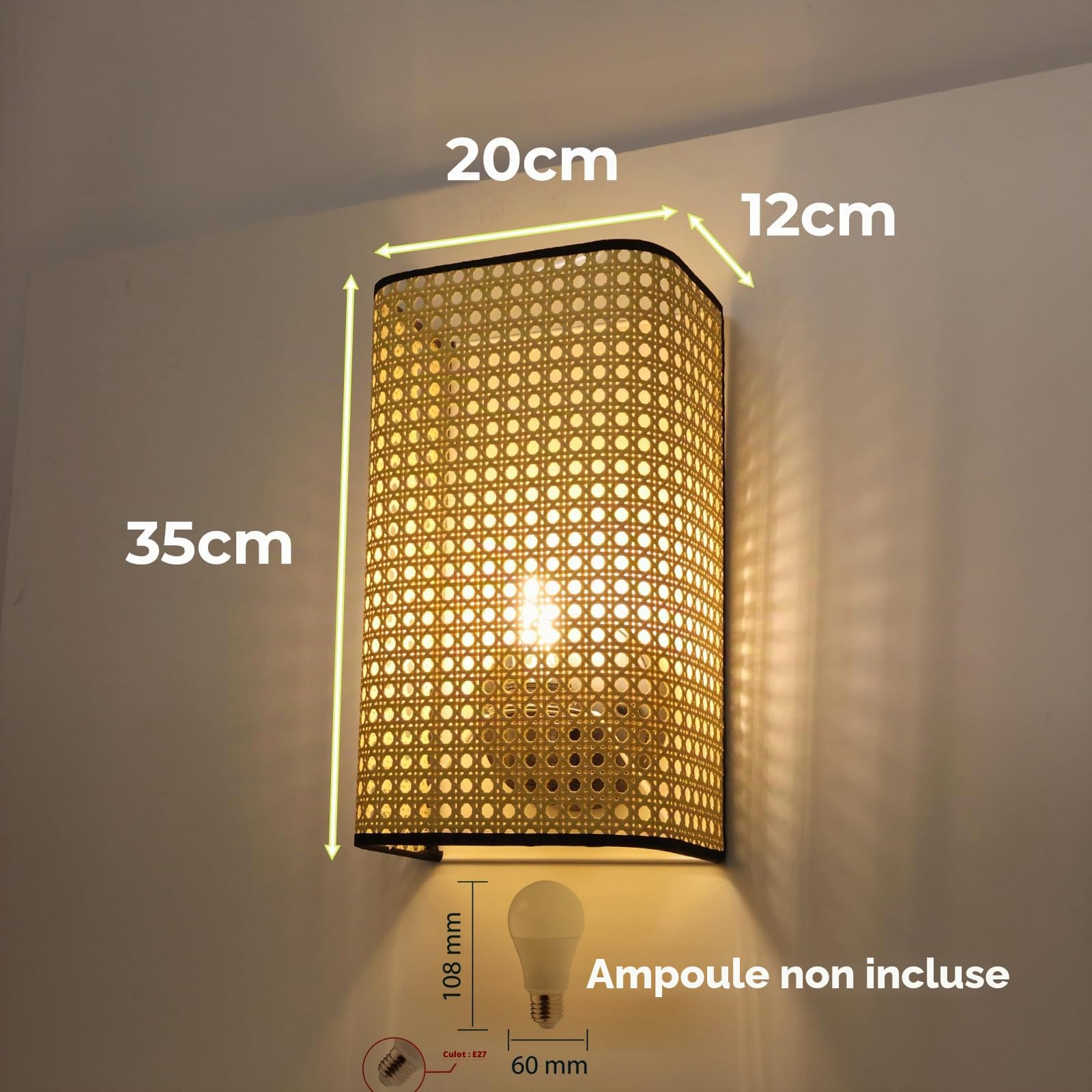 Alpinaluz Applique murale avec abat-jour rectangulaire en bambou et rotin, diffuseur acrylique, style moderne rustique, douille E27, lumière décorative pour chambre, salon et couloir