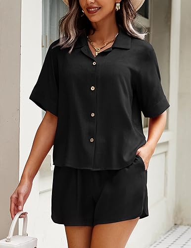 Miniatura 2 de Ekouaer 2 Piece Linen Lounge Sets for Women Button Down Loungewear Tops and Shorts Pajama Set with Pockets