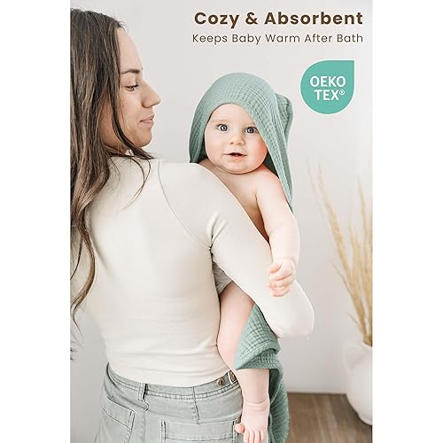 Miniatura 2 de Konssy Paquete de 2 toallas de muselina con capucha, 100% algodón, ultrasuaves y absorbentes, toallas de baño para bebé con capucha para recién