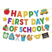 Pre-Strung Happy First Day of School Banner Glitter Back to School Garland Decorations for Classroom, Teacher Office, Kindergarten, Preschool, Pre-K & 1st Grade Welcome Party Supplies