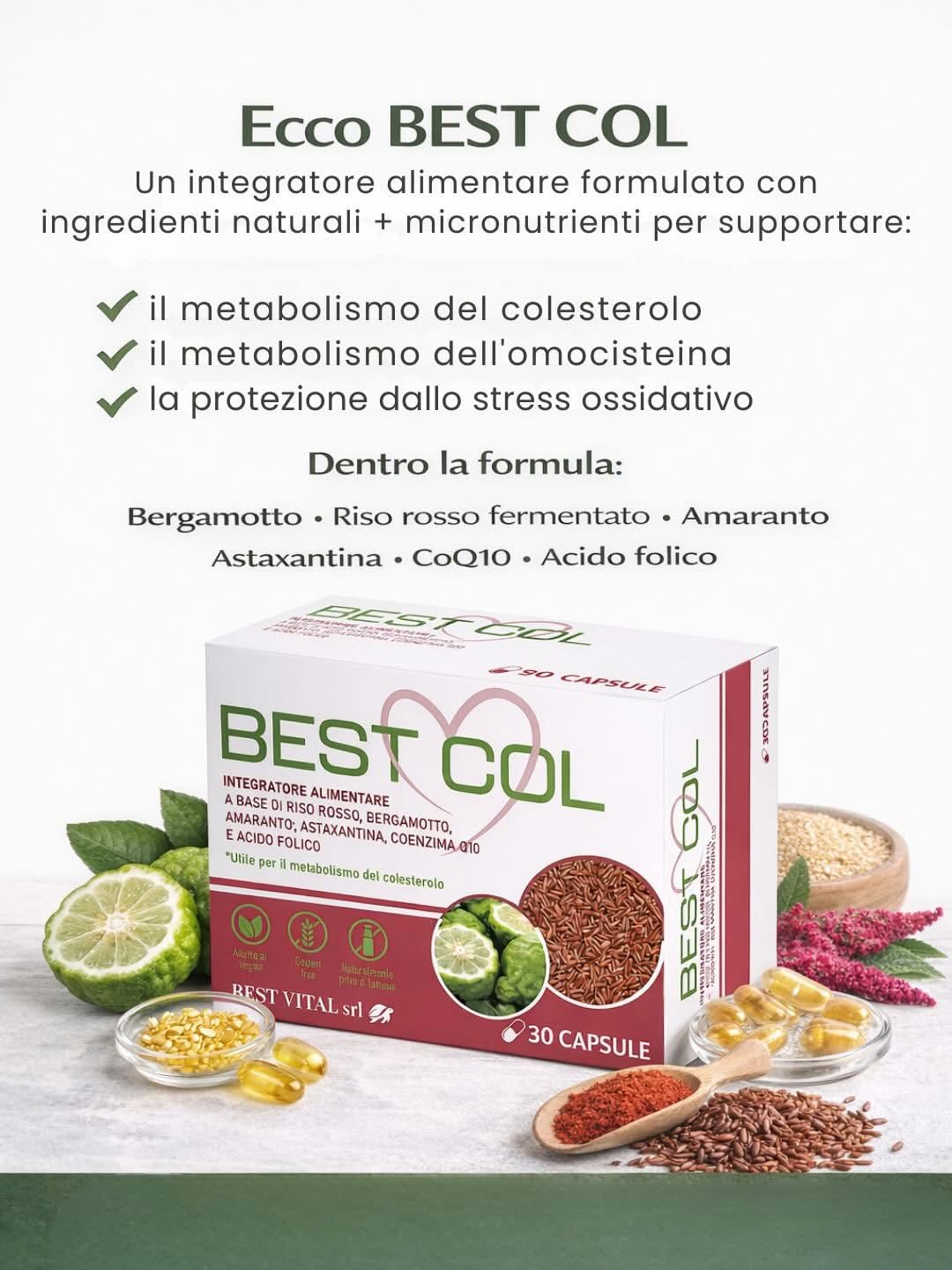 Best Col Nuova Formula - Integratore Alimentare a Base di Bergamotto, Amaranto, Astaxantina, Coenzima Q-10, Riso Rosso e Acido Folico. 90 Capsule