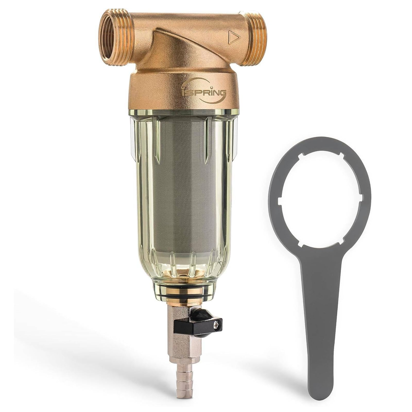 iSpring Household Water Filter Spin Down Sediment Water Filter, 50 Micron Flushable Pre-Filter Filter WSP50 1" MNPT + 3/4" FNPT, Brass