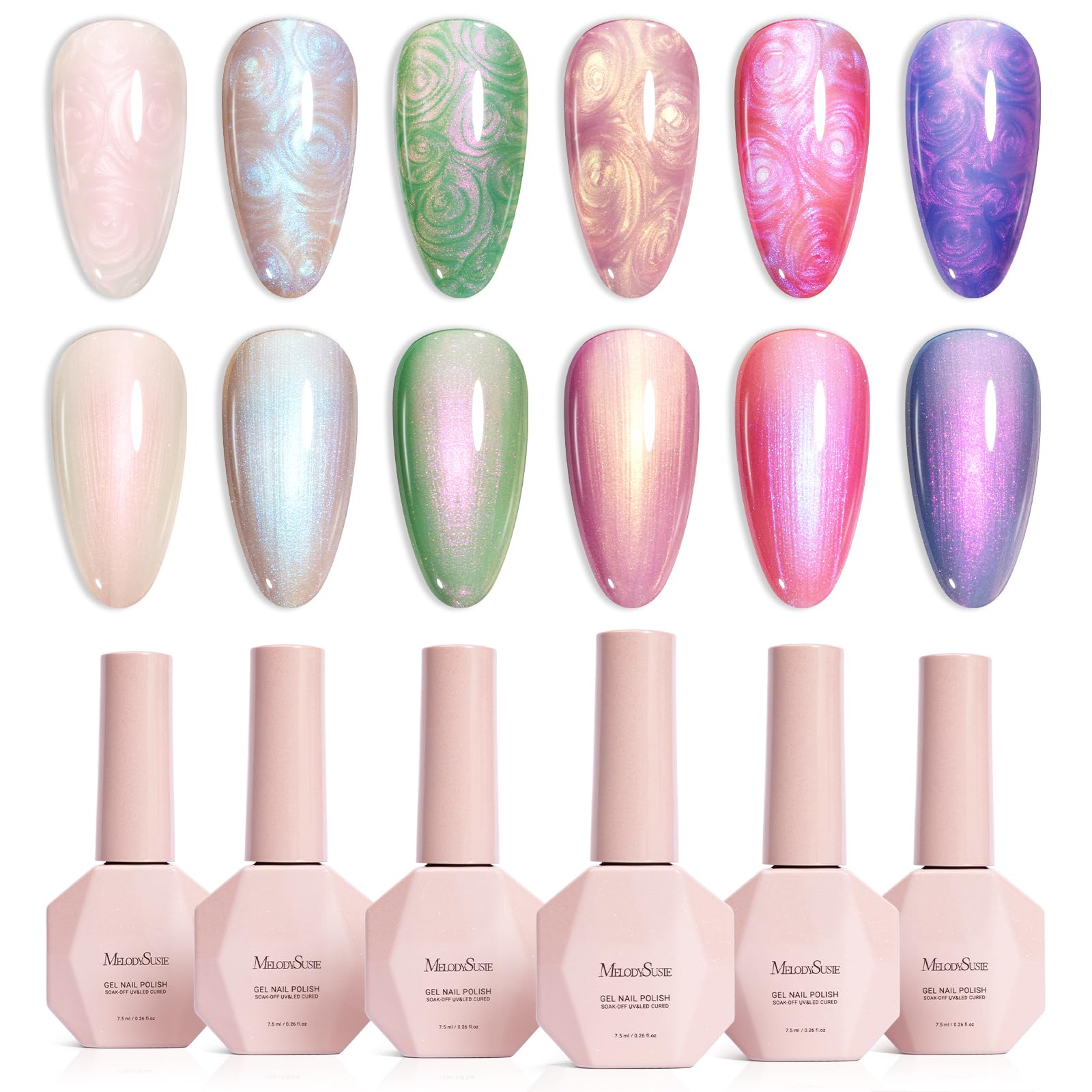 MelodySusie Pearl Gel Nail Polish Set, 6 Colors Aurora Shimmer White Green Pink Purple Blue Iridescent Mermaid Drawing Glitter Gel Polish Soak Off Swirl Shell Thread Effect Nail Art Gifts for Women Pearl Kiss Set