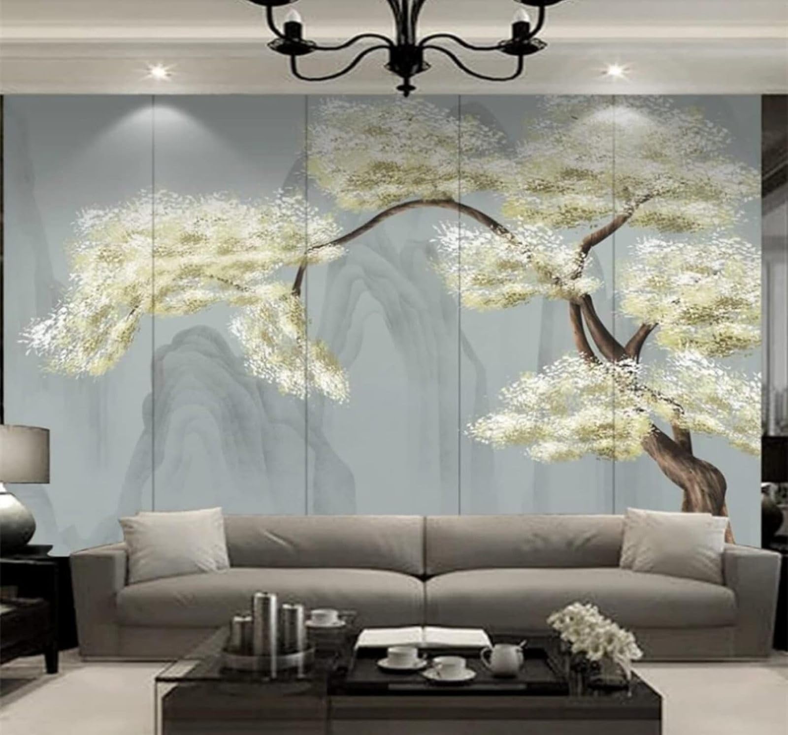 XLMING Fresh Hand Drawn Green Trees Landscape 3D Wallpaper Luxury Silk Study Dining Feature Sofa Grey Bedroom Living Room Tv Decorative Wall-300cm×210cm