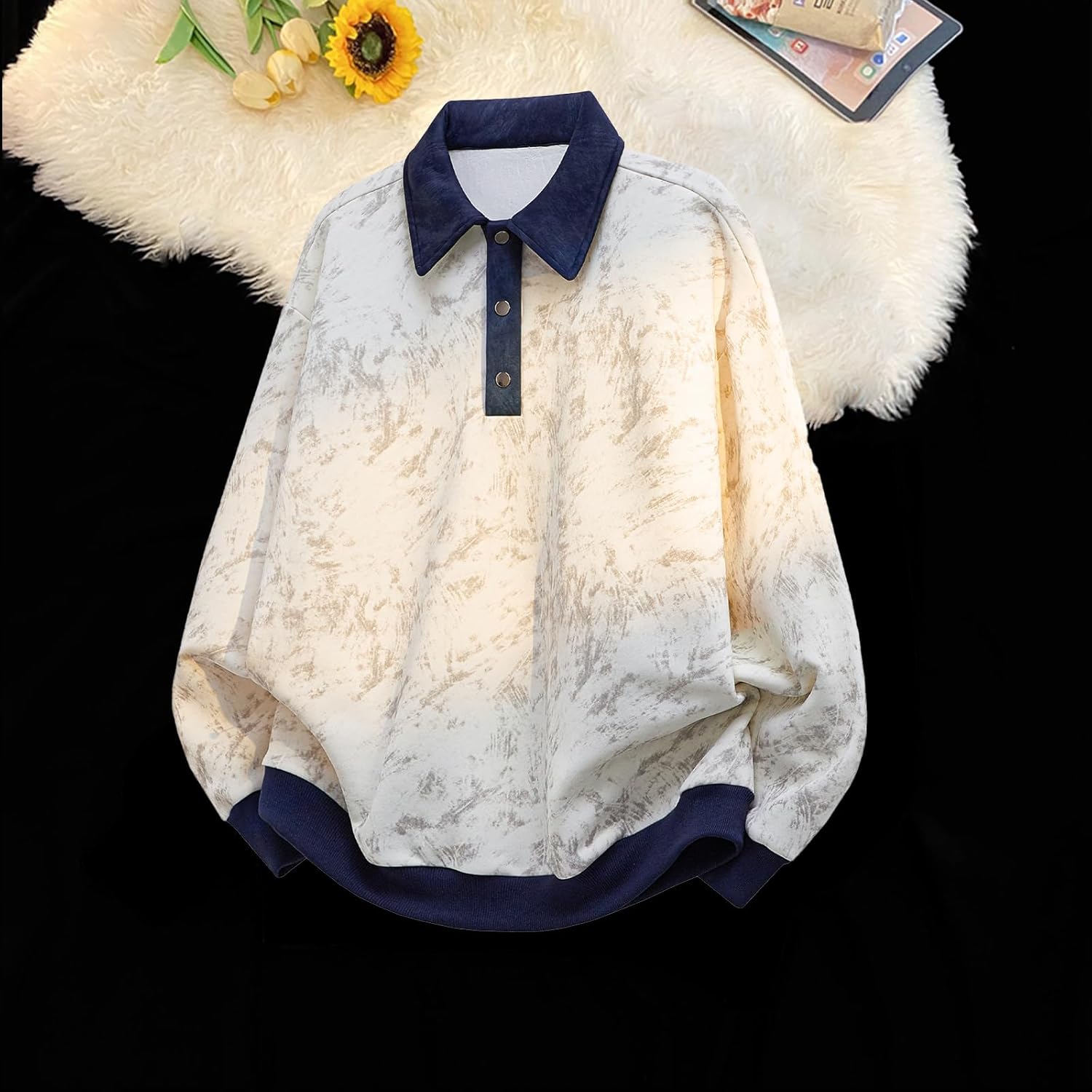 GURUNVANI Men's Tie Dye Polo Sweatshirt Loose Fit Lapel Buttons Closure Pullover with Contrast Trim