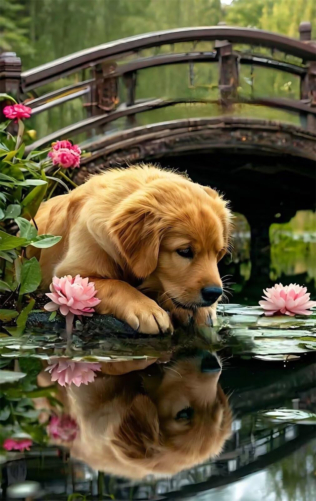 Puzzle 1200 Pezzi Golden Retriever Fiore Loto Puzzle per Adulti, Difficile e Sfidante con Poster Idea Regalo per Appassionati Puzzle Classici