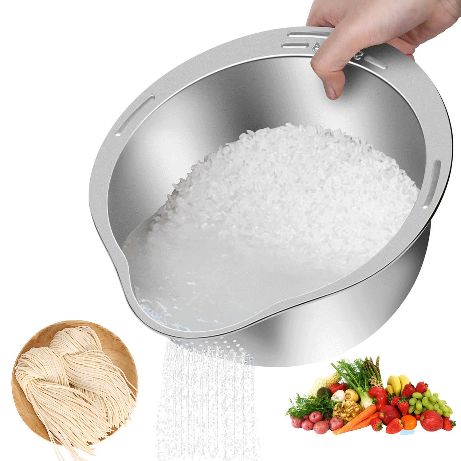 AYEUPZ Grande scolapasta in acciaio inox 37,5 cm, scolapasta con manico