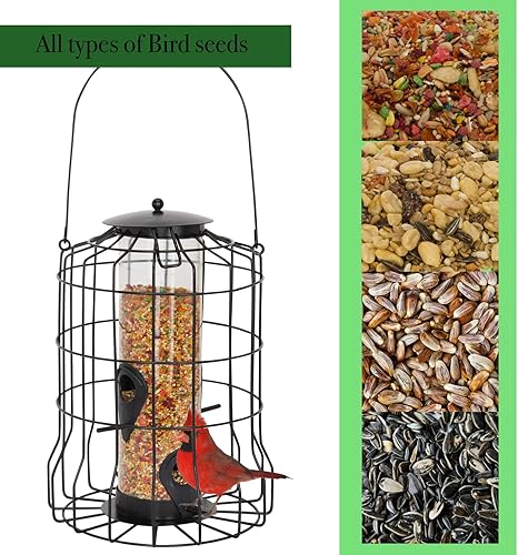 Miniatura 5 de Comedero para pájaros enjaulado para colgar al aire libre con tubo de alimentación de 4 puertos, comedero para pájaros salvajes, comedero para