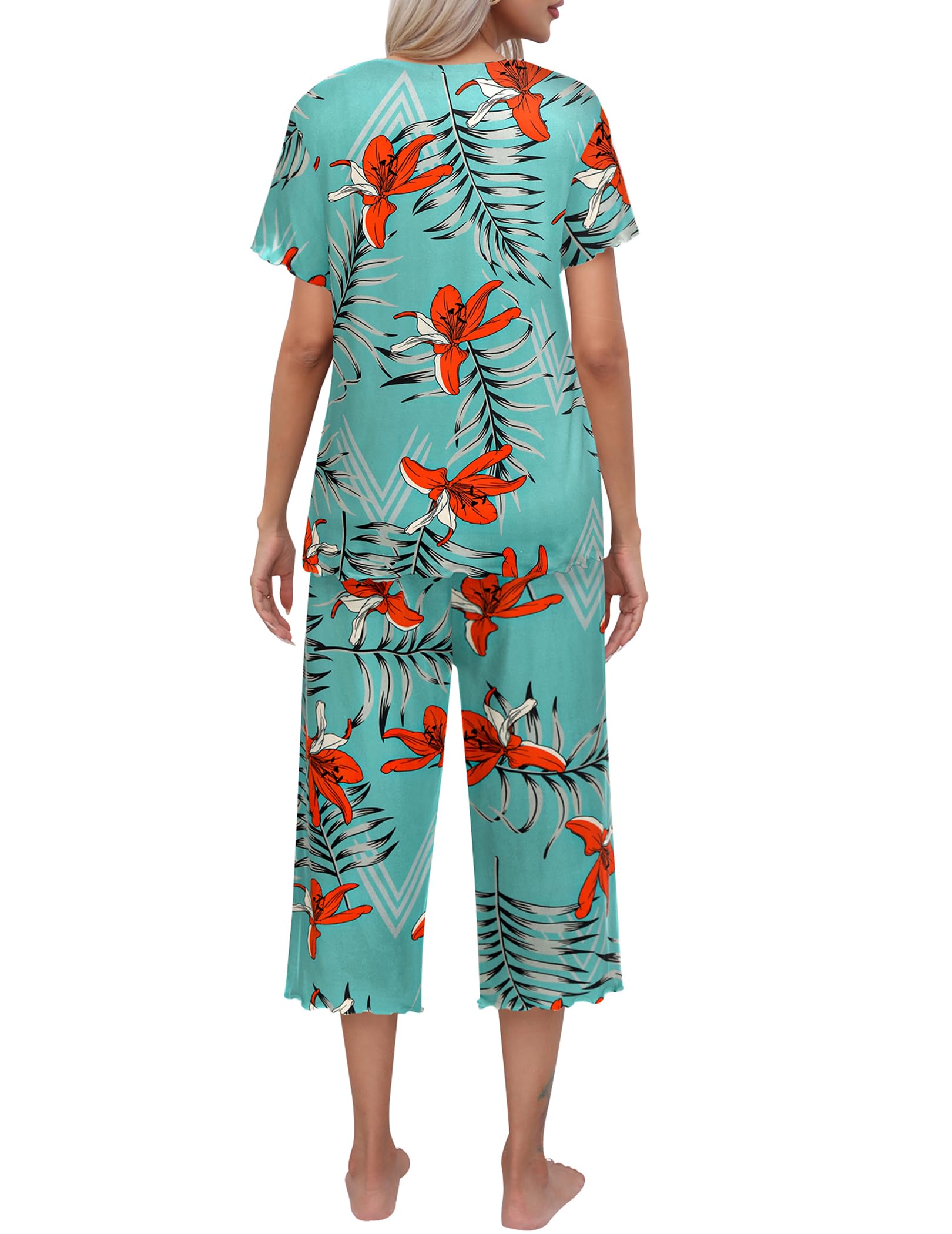 Ekouaer Pigiama Donna Estivo Pantaloni Capri Manica Corta Stampa Casual Pjs Set Nero S-XXL