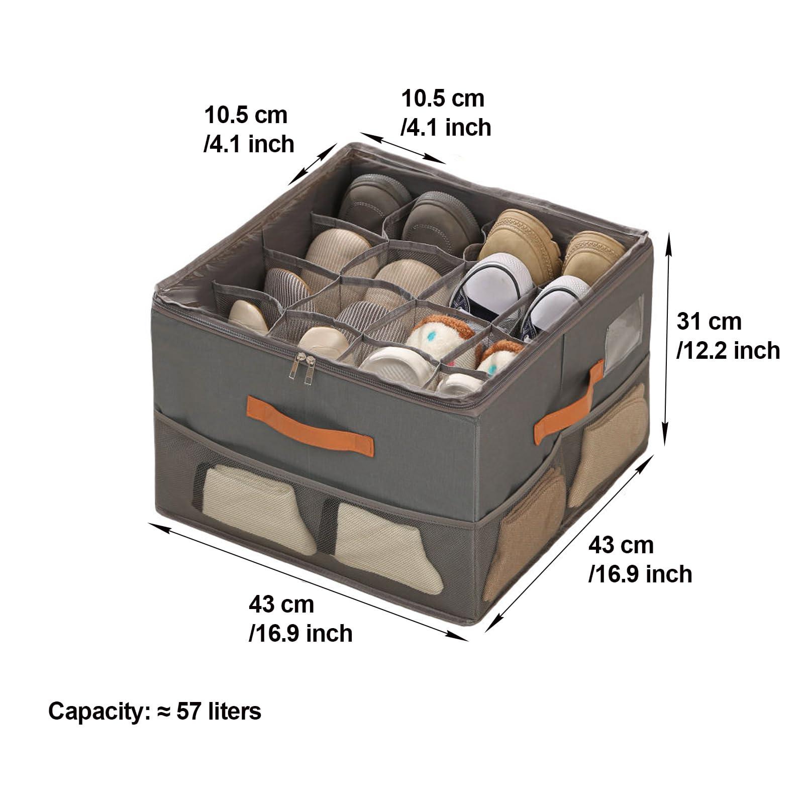 Scatola porta scarpe 16 compartimenti pieghevole in tessuto 600D Oxford con coperchio PVC trasparente,Salvaspazio per scarpe e accessori,Impilabile,Armadio,Ingresso,Appartamento piccolo (Grigio)