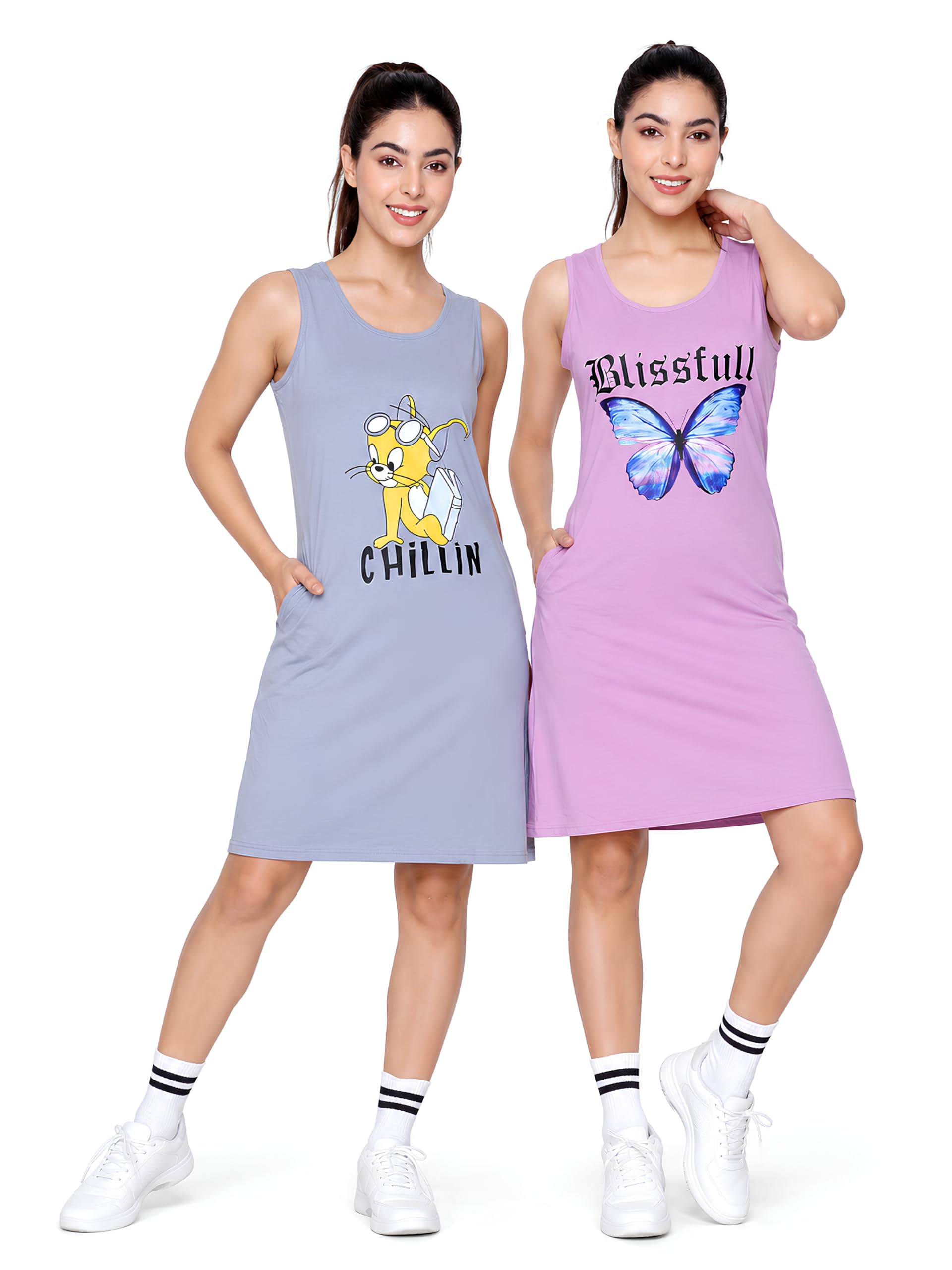 Cotton Night Dress Knee Length for Women Nighty with Pocket Long Night Dress for Woman's Sleeveless Sleepwear for Woman Sleeveless Long T-Shirts for Female (Pack of 2)-image-27