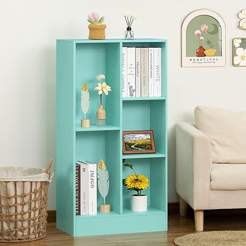 Miniatura 3 de LEYAOYAO Estantería de 5 cubos con base, estantería moderna de 3 niveles verde menta para niños, estantes anchos de pie, estante organizador de