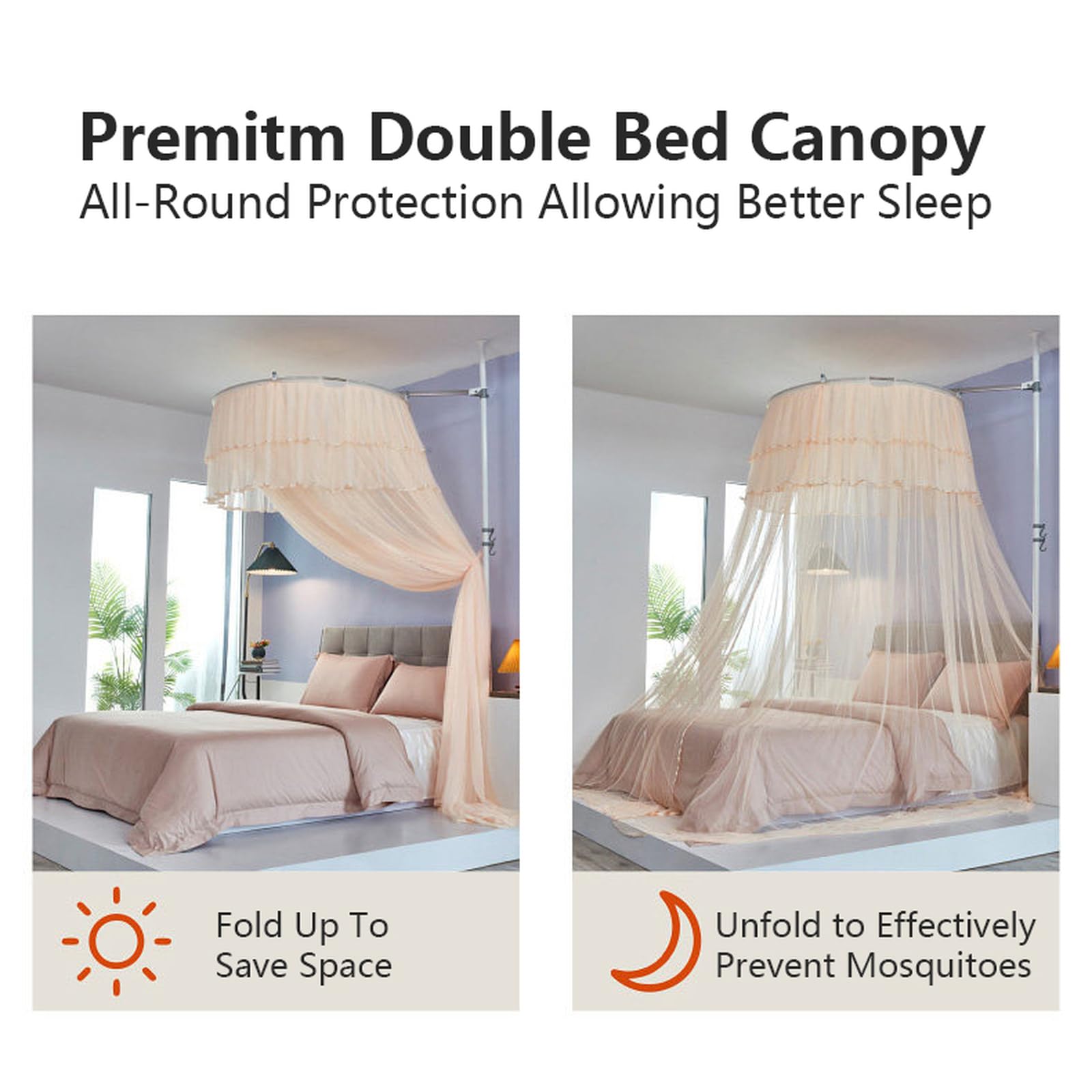 Baldaquin de Lit Luxueux pour Filles et Adultes, Rideau de Lit Princesse en Tulle Transparent, Moustiquaire Ronde en Forme de Dôme pour Décoration de Chambre à Coucher, White