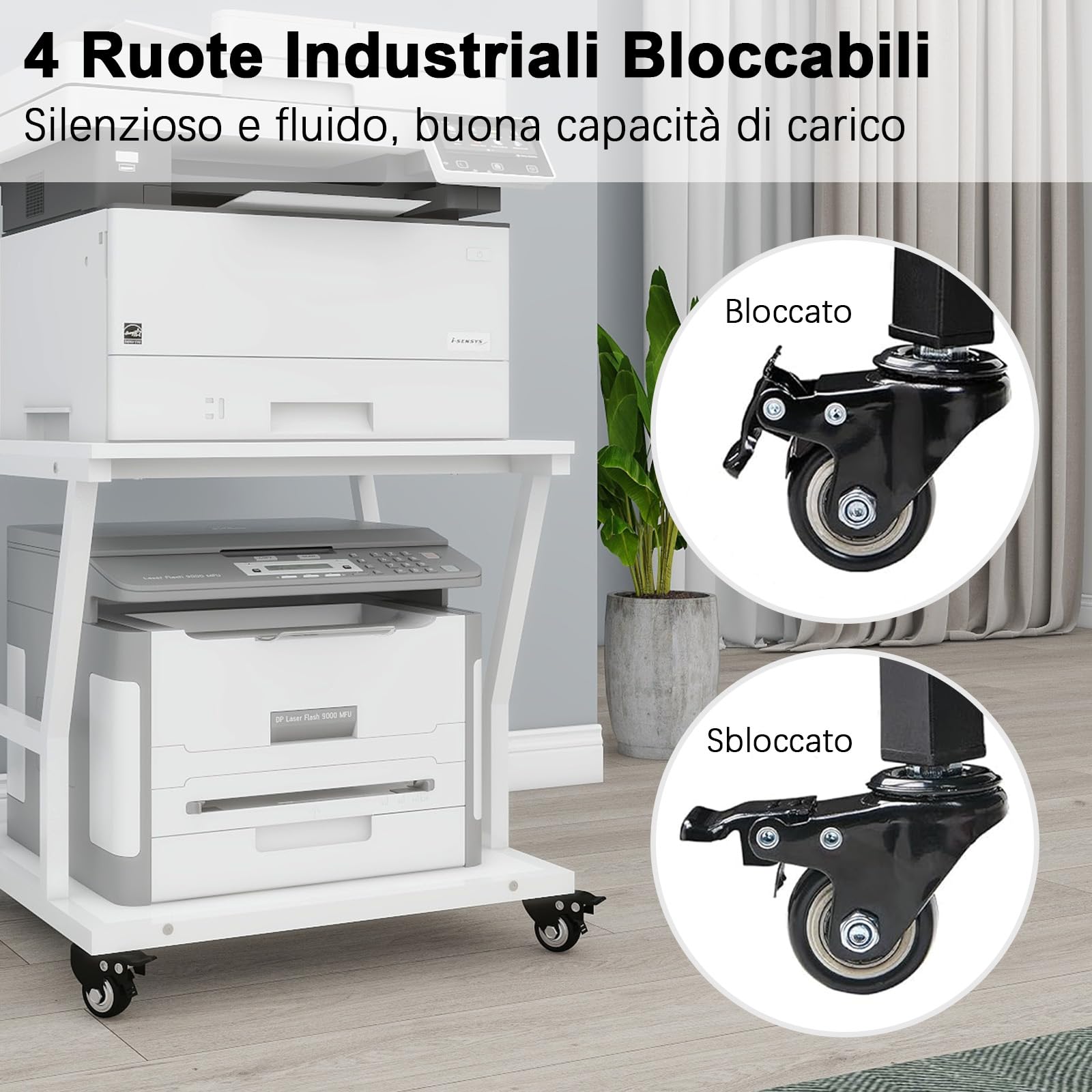 PUNCIA Supporto per Stampante a 2 Livelli Mobile Comodini 50x50x60CM Carrello Porta Tavolino di Stoccaggio con Ruote Scaffale Porta Stampante Sotto Scrivania in Legno per Ufficio e Casa (Bianco)