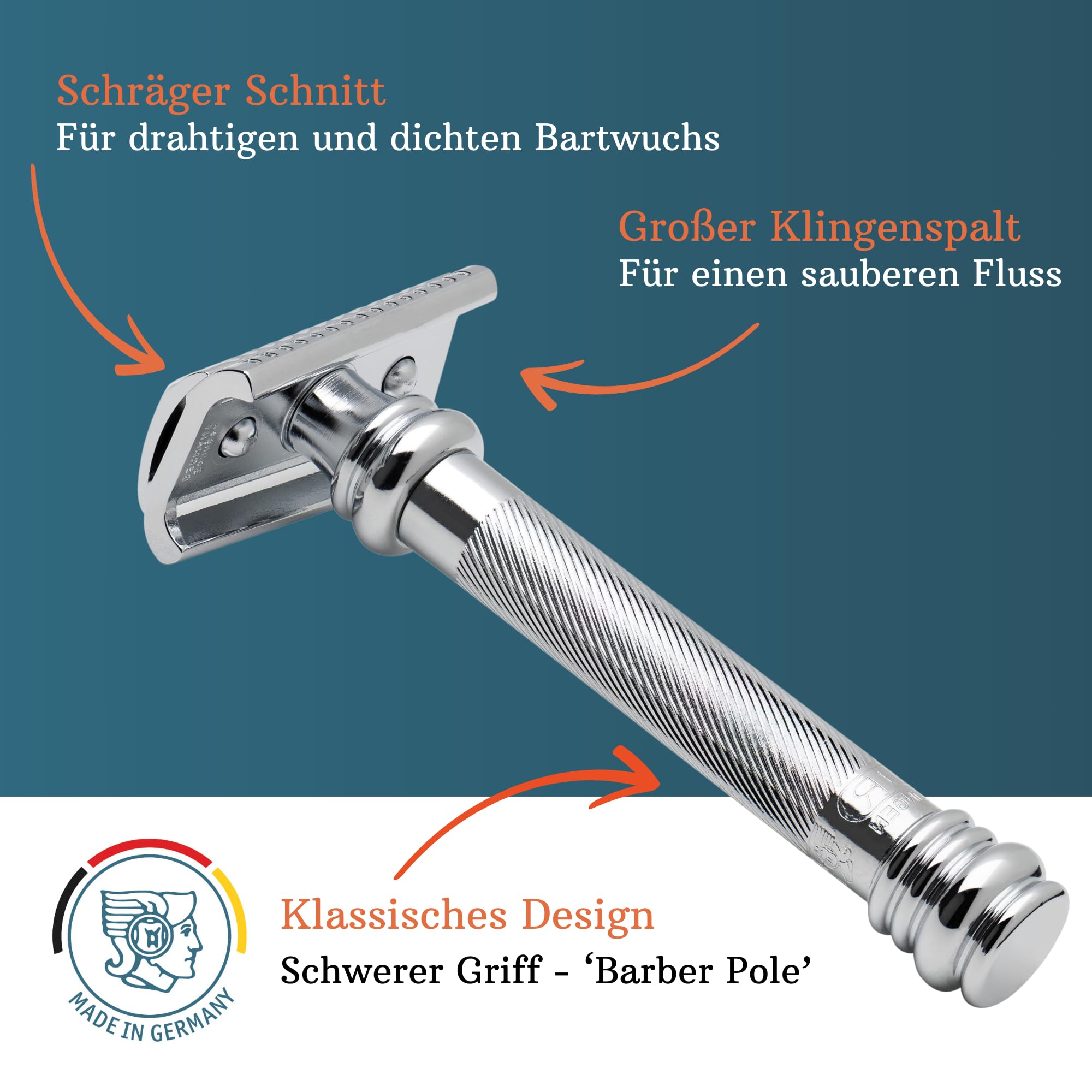 MERKUR Rasierhobel 39C | Barber Pole Schrägschnitt Glanzchrom | Zweiteiliger Rasierer mit schrägem Schnitt | Geschlossener Kamm | Ideal für Nassrasur | Messing Griffstück | Made in Germany