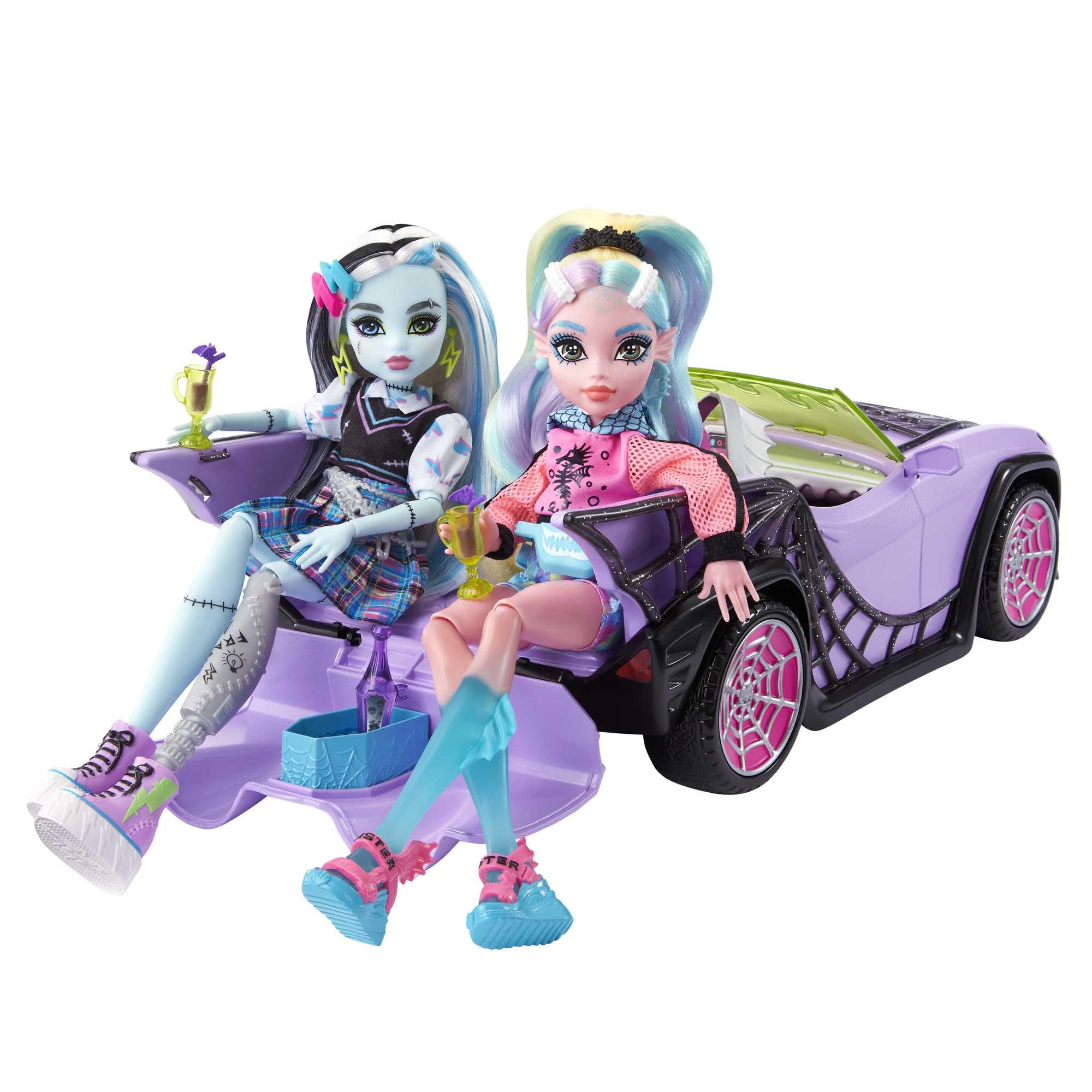 Monster High Fioletowy kabriolet z pajęczą siecią oraz zwierzątkiem i lodówką turystyczną. HHK63