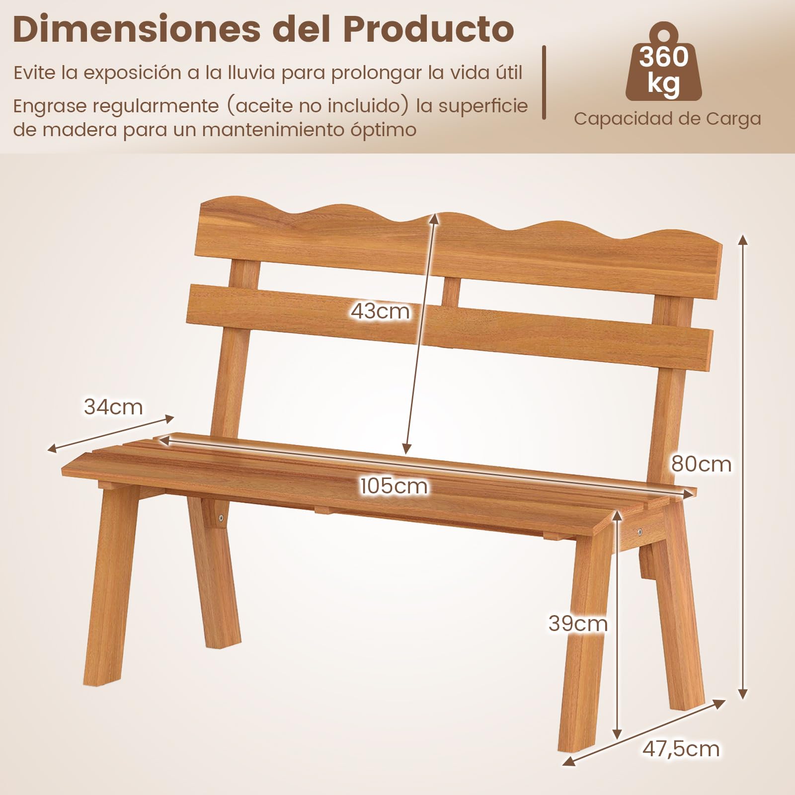 COSTWAY Banco Jardín de Madera Acacia, 2 Plazas, Banco Exterior sin Reposabrazos, Respaldo Ondulado, Patio Porche Terraza Parque, 47,5 x 105 x 80 cm, 360kg