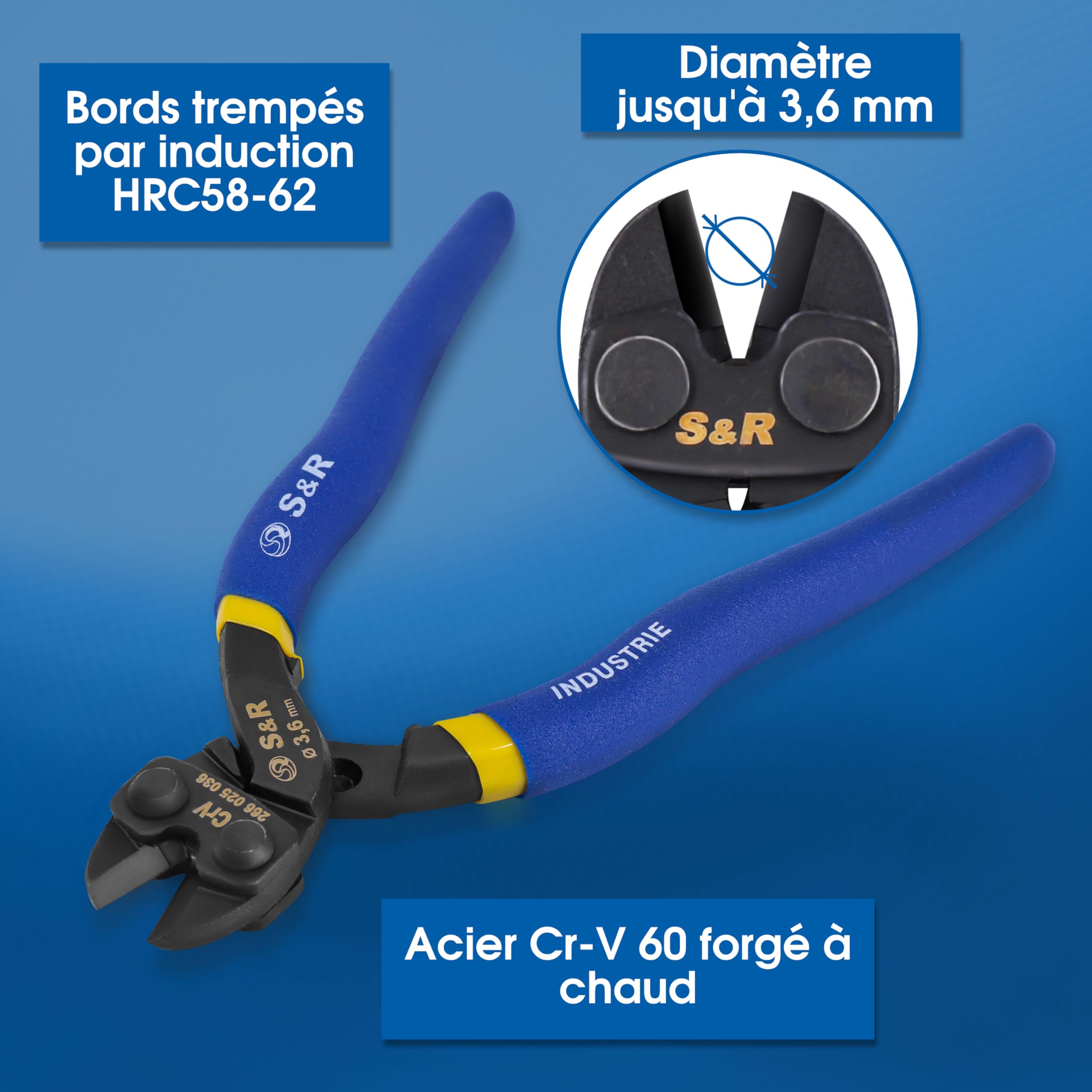 S&R Mini Coupe-Boulons Coupe cables Coupe fils. Pince Coupante HRC58-62 Pour boulons, fils, vises de Ø 3,6 mm.