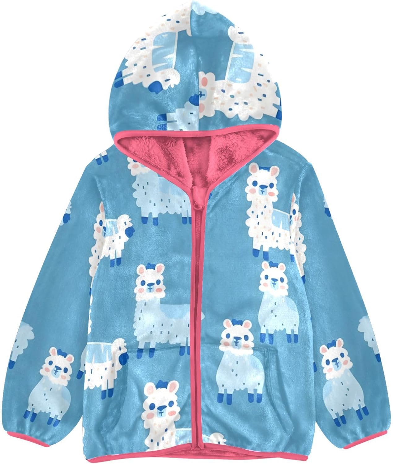 ALAZA Alpaca Blue Background Hoodie Jacket for Girls Toddler Fleece Zip Up Coat Plush Jacket Outerwear for 3 Years